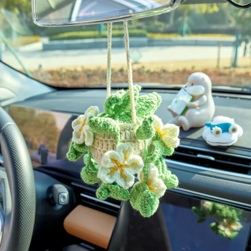 Crochet Hanging with White Flowers & Green Leaves