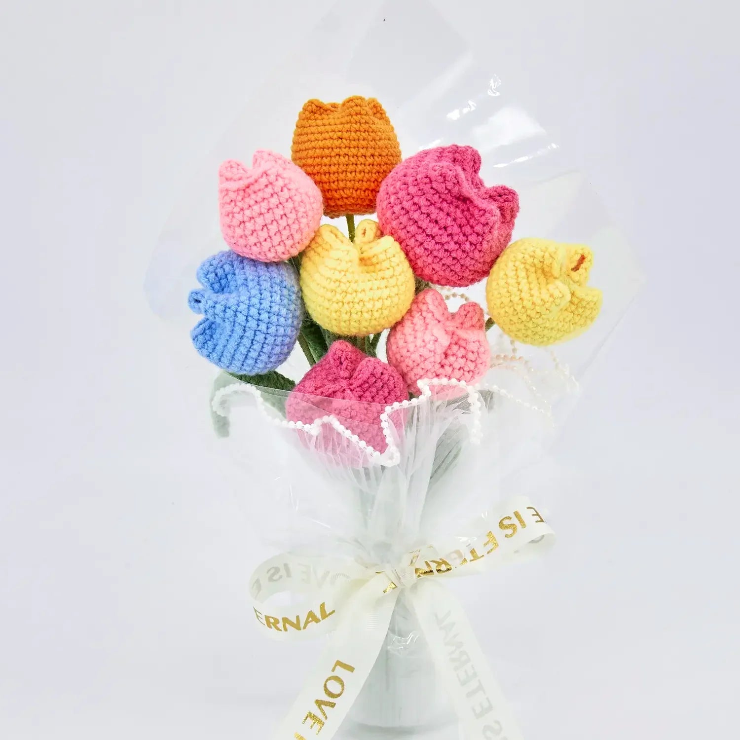 Crochet Colorful Tulip Bouquet with Transparent Wrapping