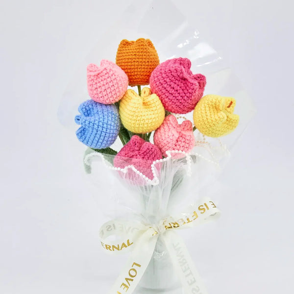 Crochet Colorful Tulip Bouquet with Transparent Wrapping