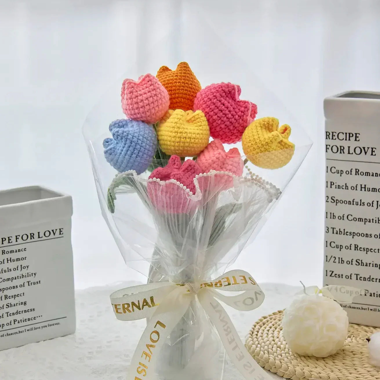 Crochet Colorful Tulip Bouquet with Transparent Wrapping