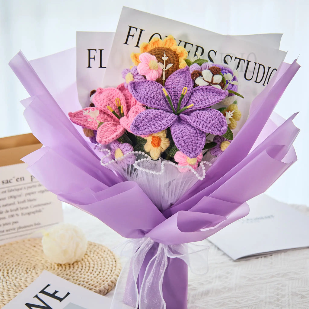 Crochet Lily Sunflower Rose Bouquet-Purple