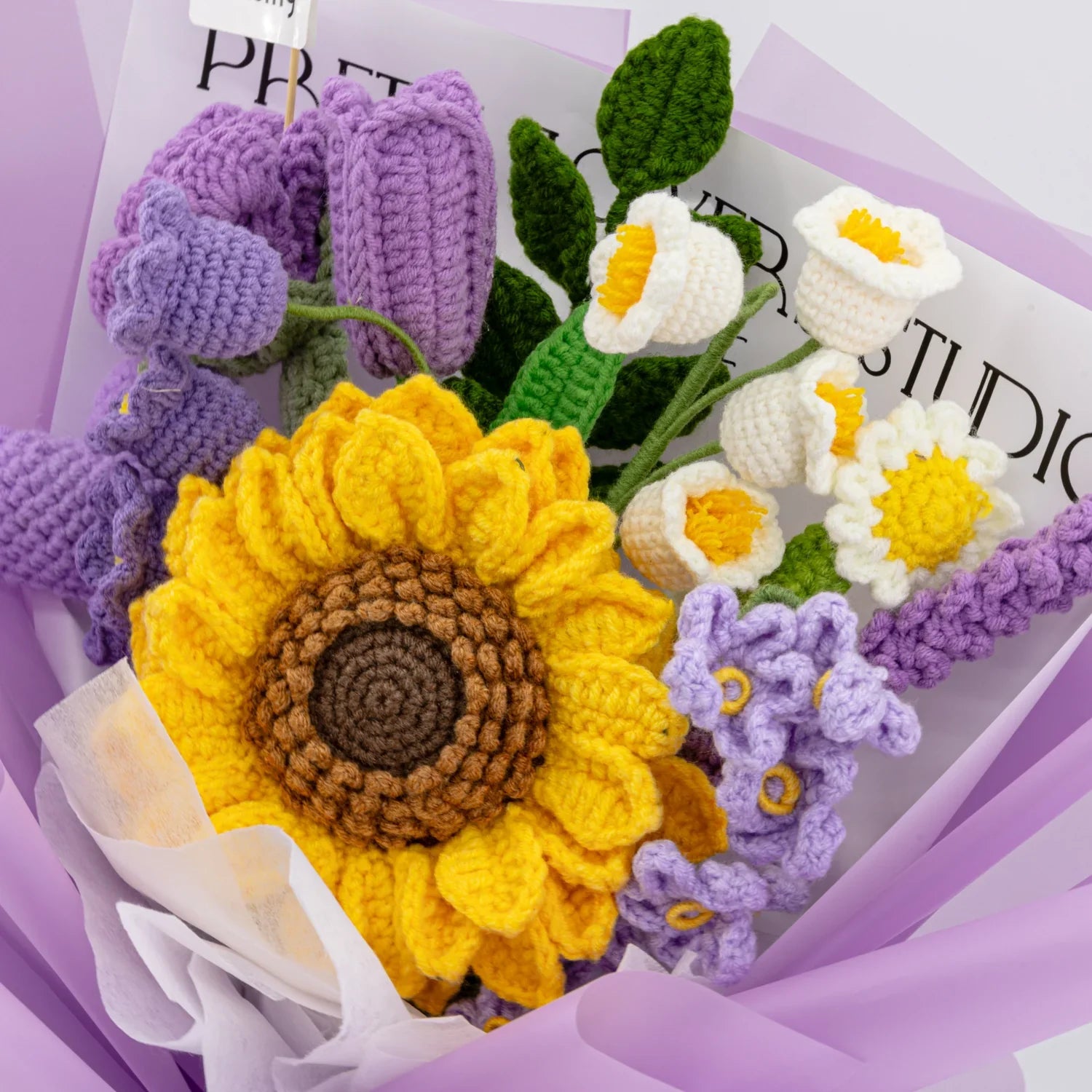 Purple Crochet Big Sunflower Tulip Rose Lavender Bouquet