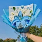 Blue Crochet Lily Rose Lily of the Valley Bouquet