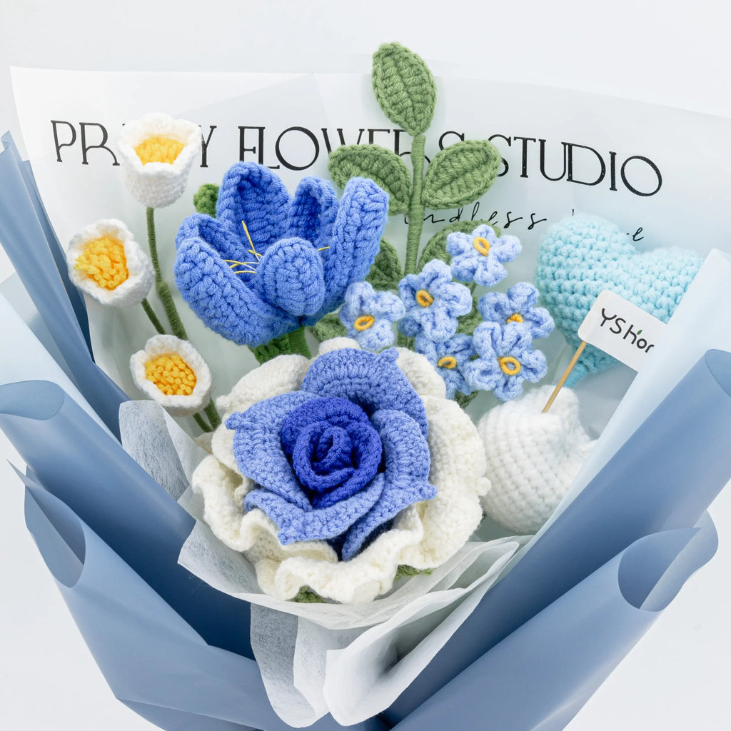 Crochet Thai Rose Tulip Heart Bouquet-Blue