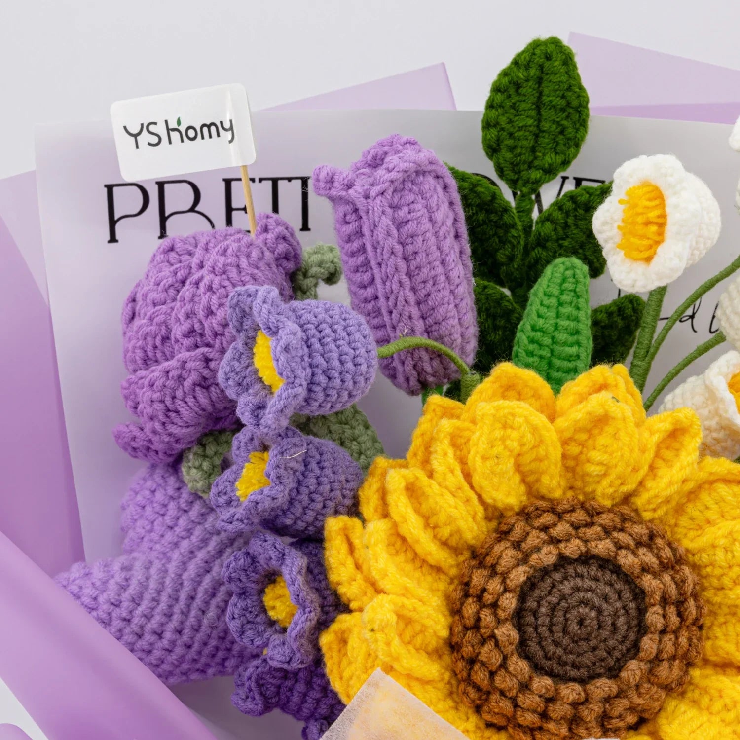 Purple Crochet Big Sunflower Tulip Rose Lavender Bouquet