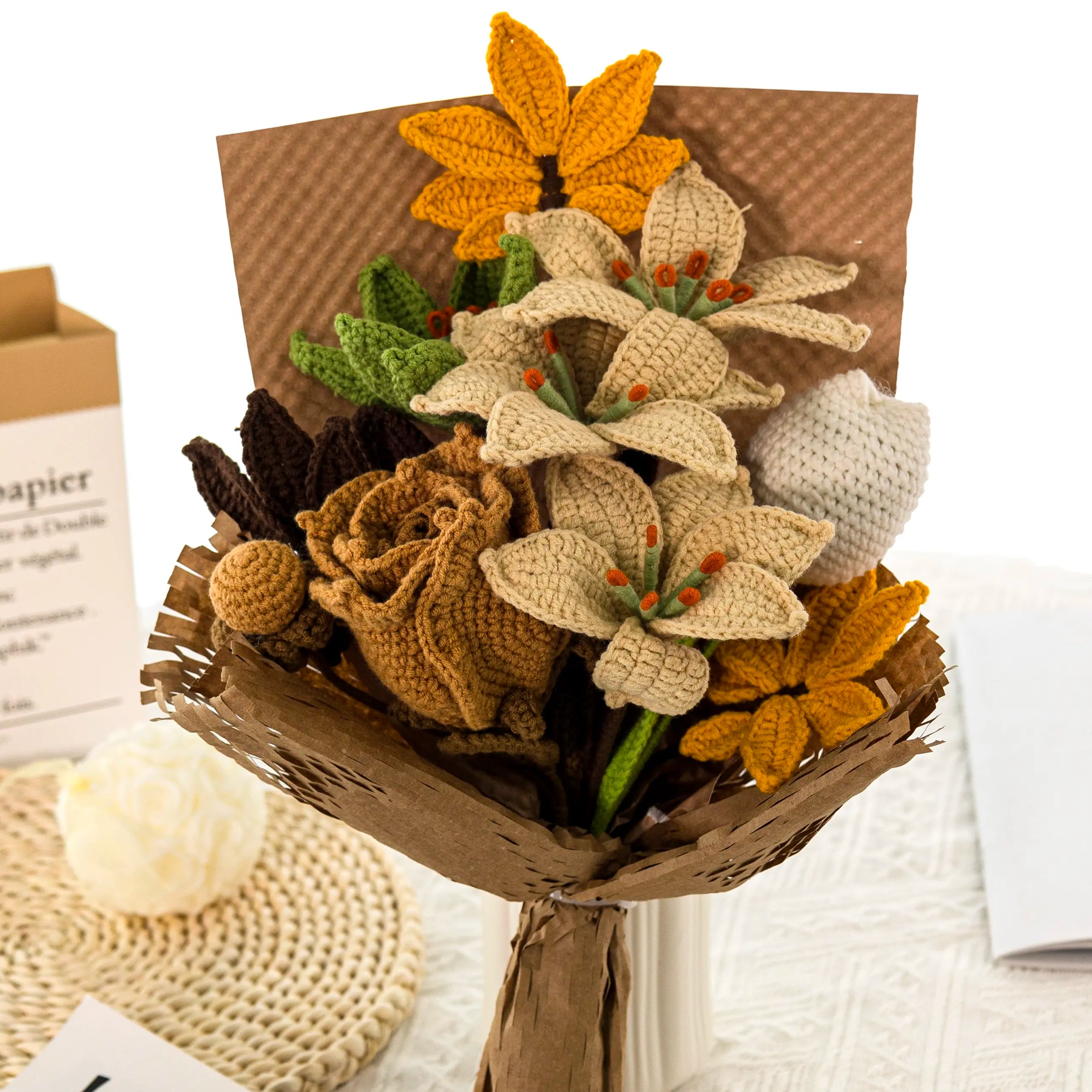 Crochet Rose Lily Bouquet with Kraft Paper Wrapping