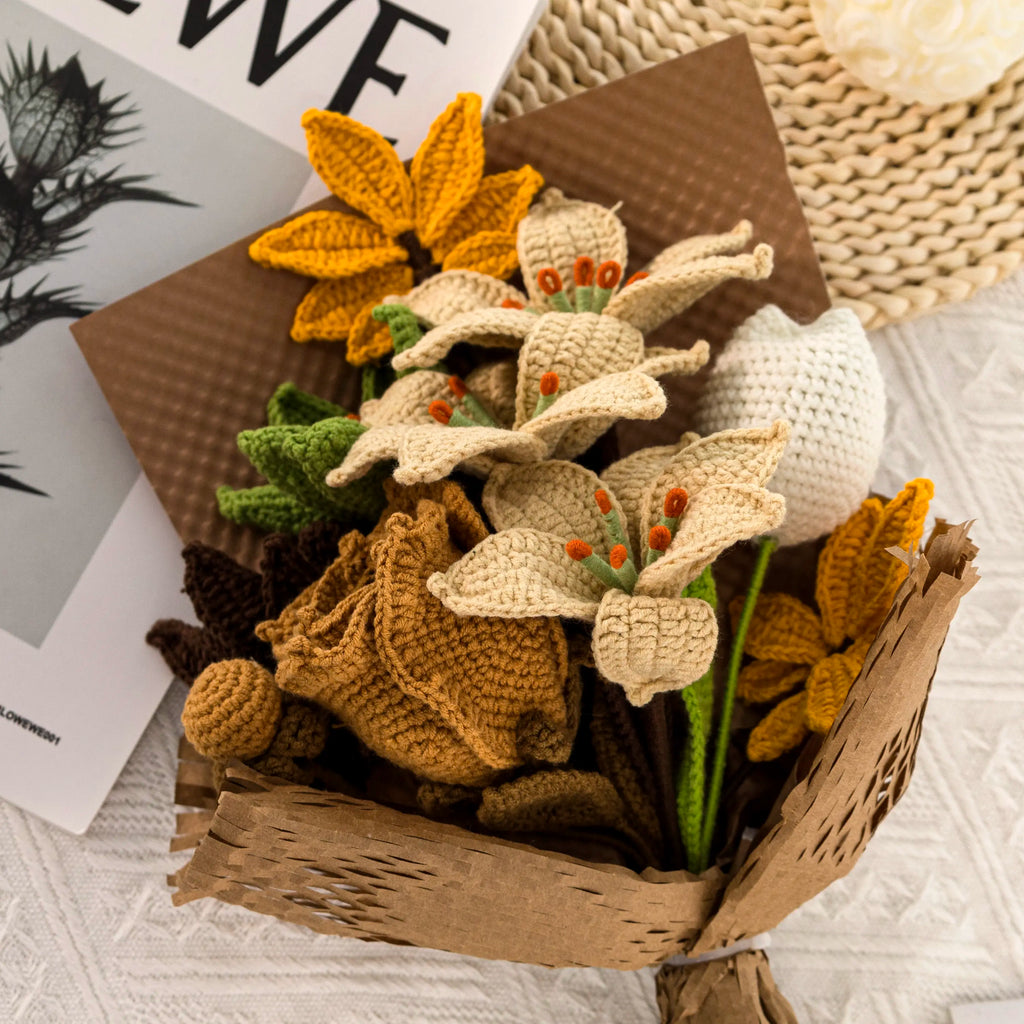 Crochet Rose Lily Bouquet with Kraft Paper Wrapping