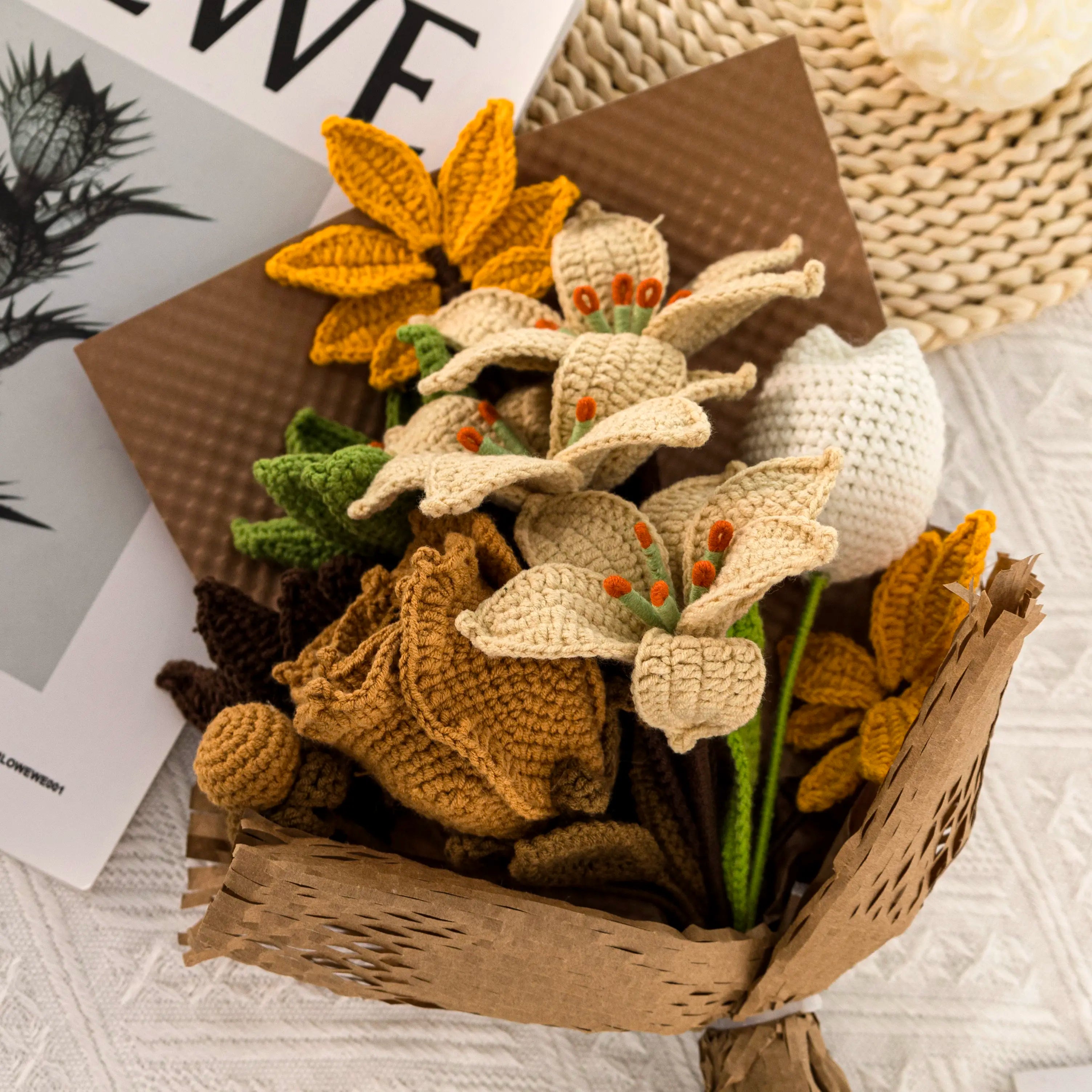 Crochet Rose Lily Bouquet with Kraft Paper Wrapping