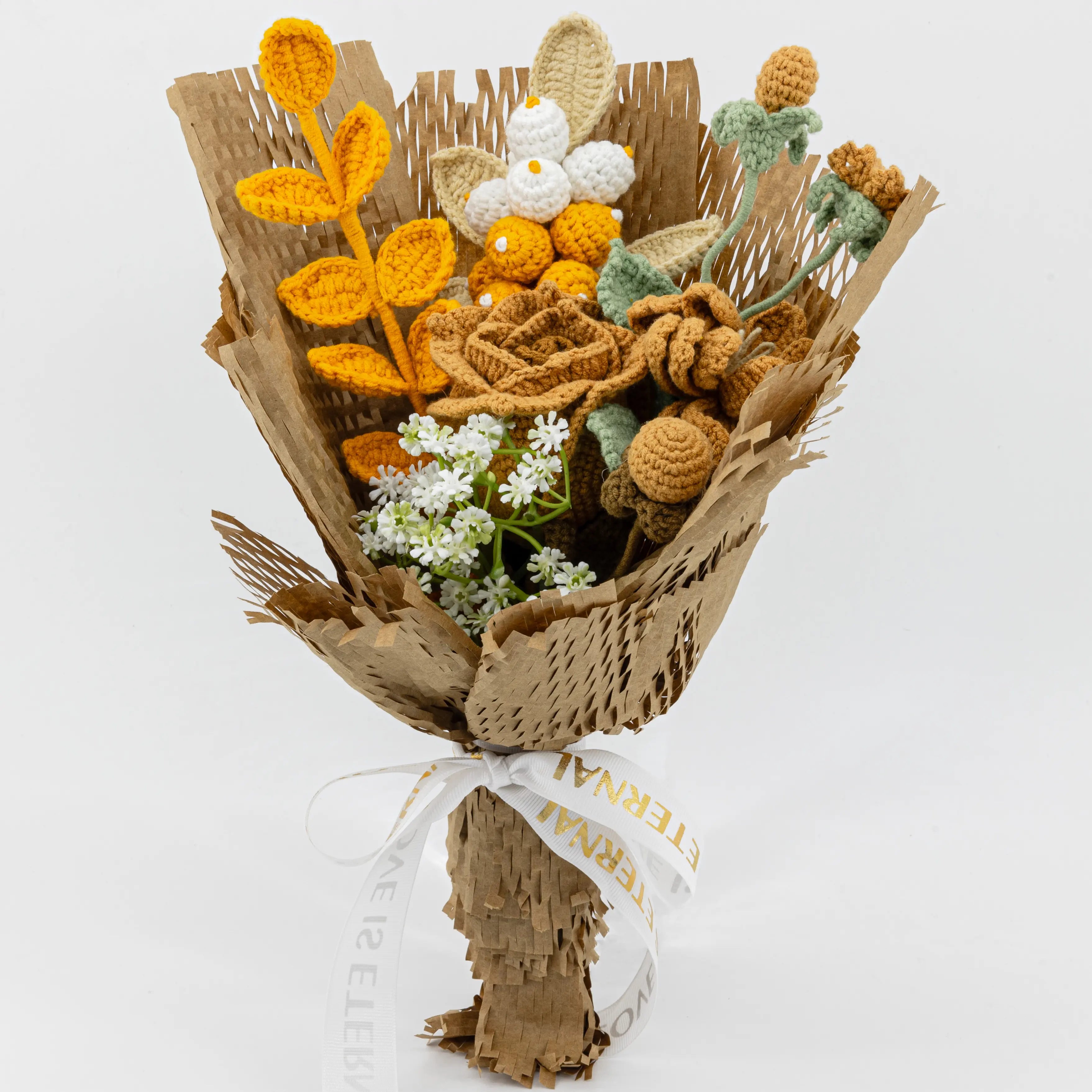 Crochet Brown Rose Bouquet with Kraft Paper Wrapping