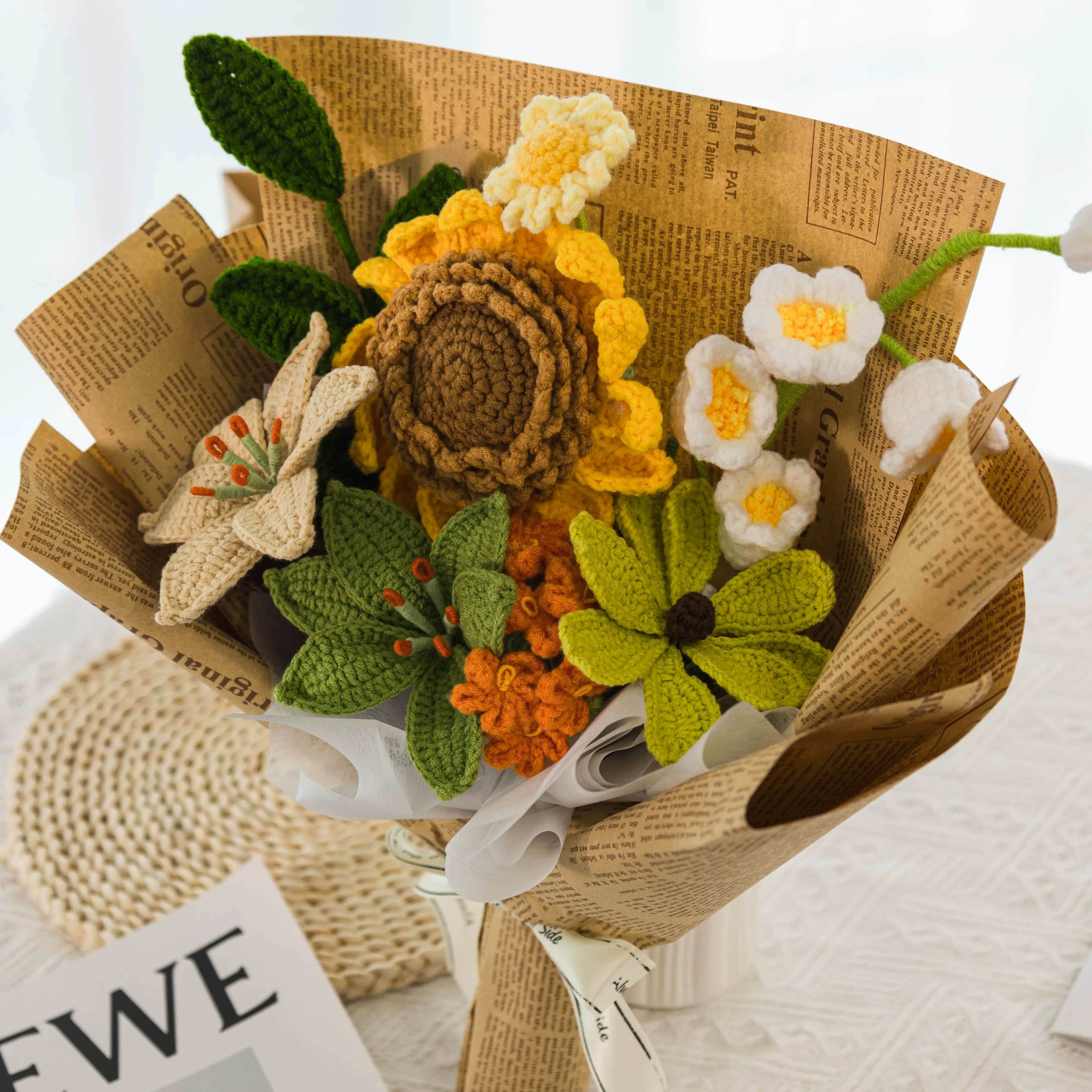 Crochet Sunflower Lily Bouquet with Newspaper Wrapping