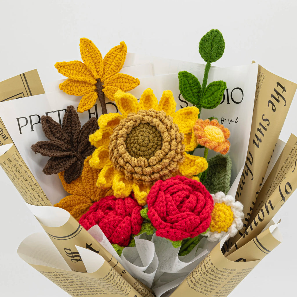 Crochet Sunflower Red Rose Maple Bouquet