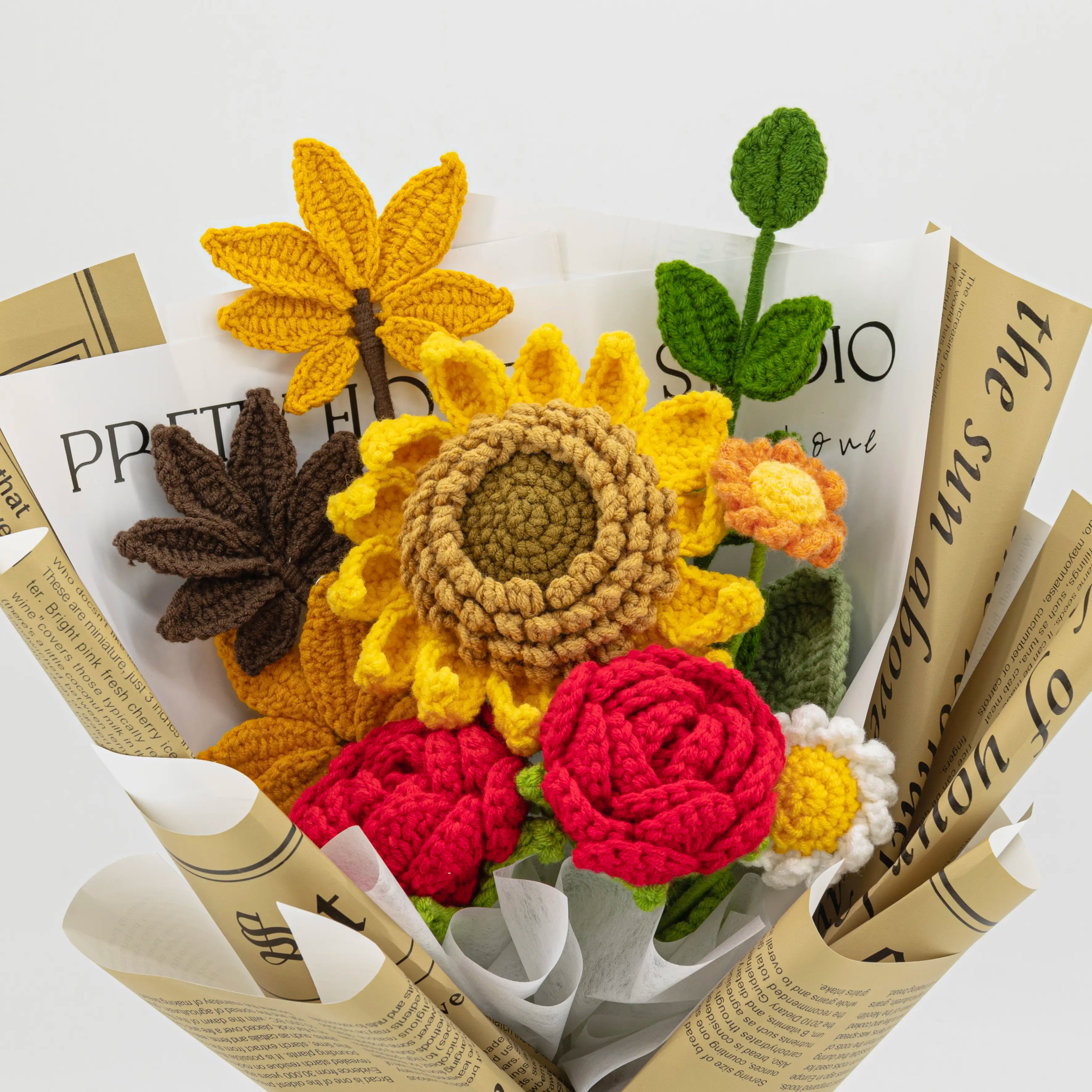 Crochet Sunflower Red Rose Maple Bouquet