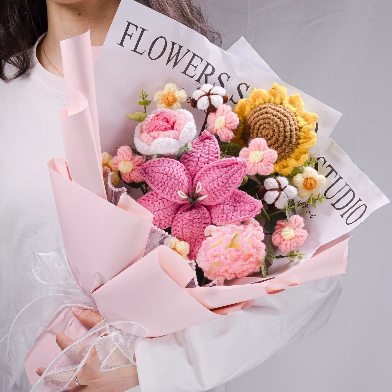 Crochet Lily Sunflower Rose Carnation Bouquet-Pink