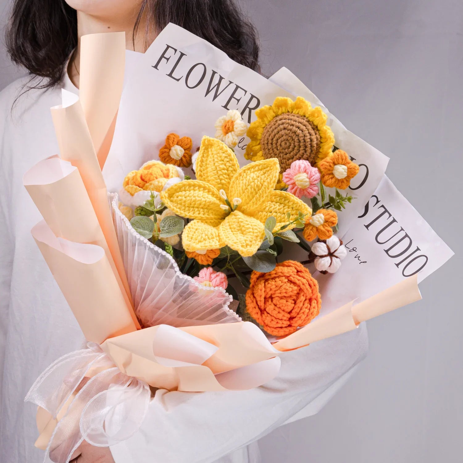 Crochet Lily Sunflower Rose Bouquet-Yellow