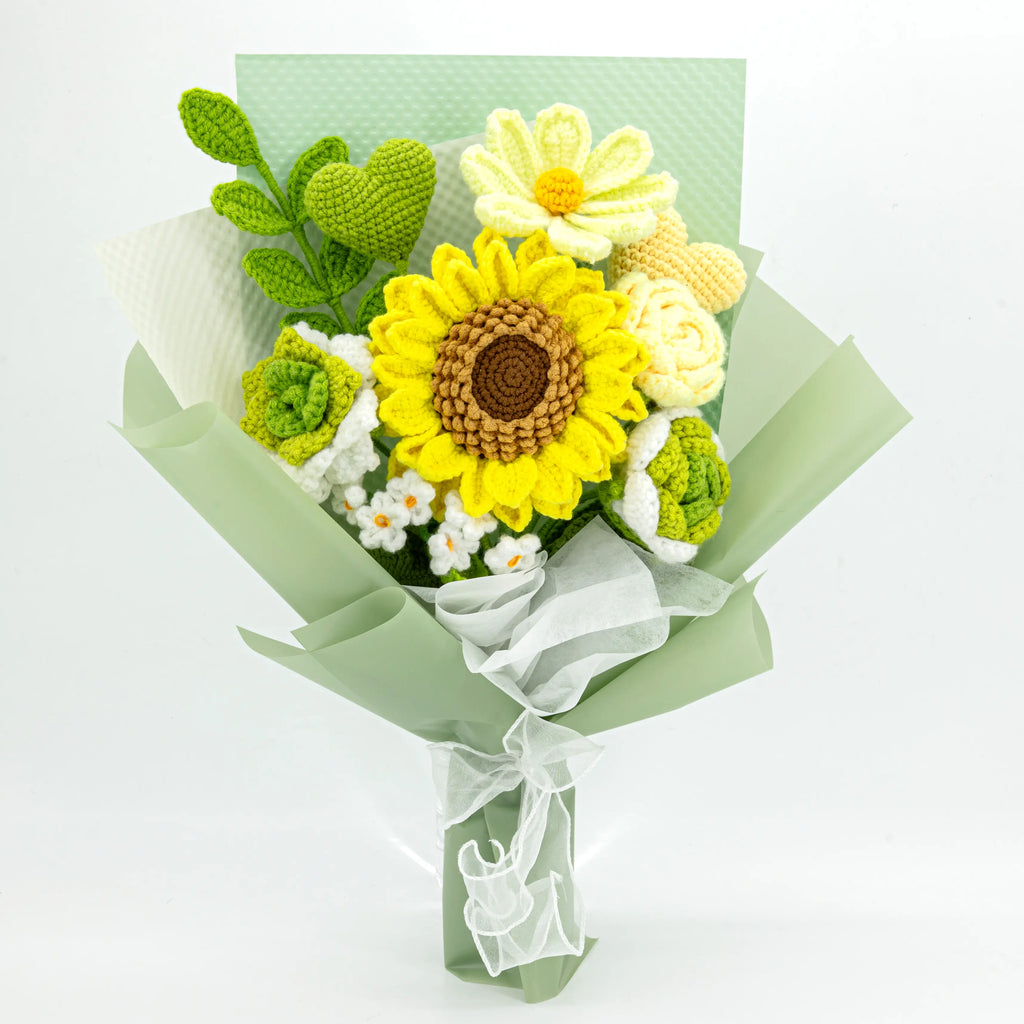 Green Crochet Big Sunflower Rose Heart Bouquet