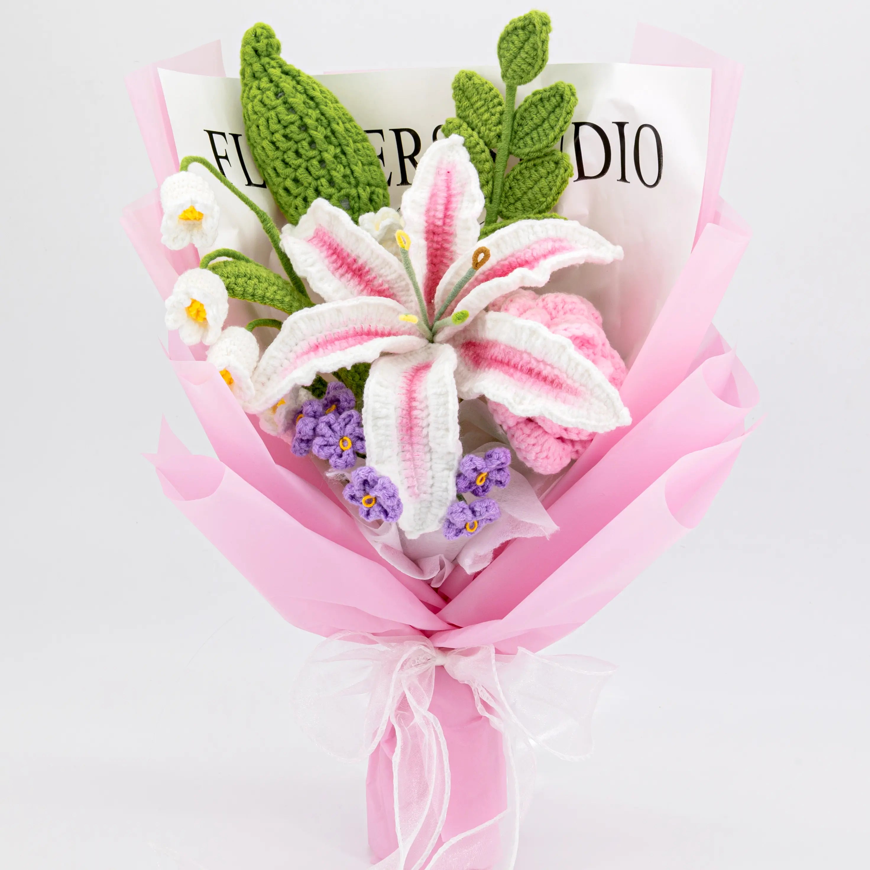Crochet Pink & White Lily Rose Bouquet