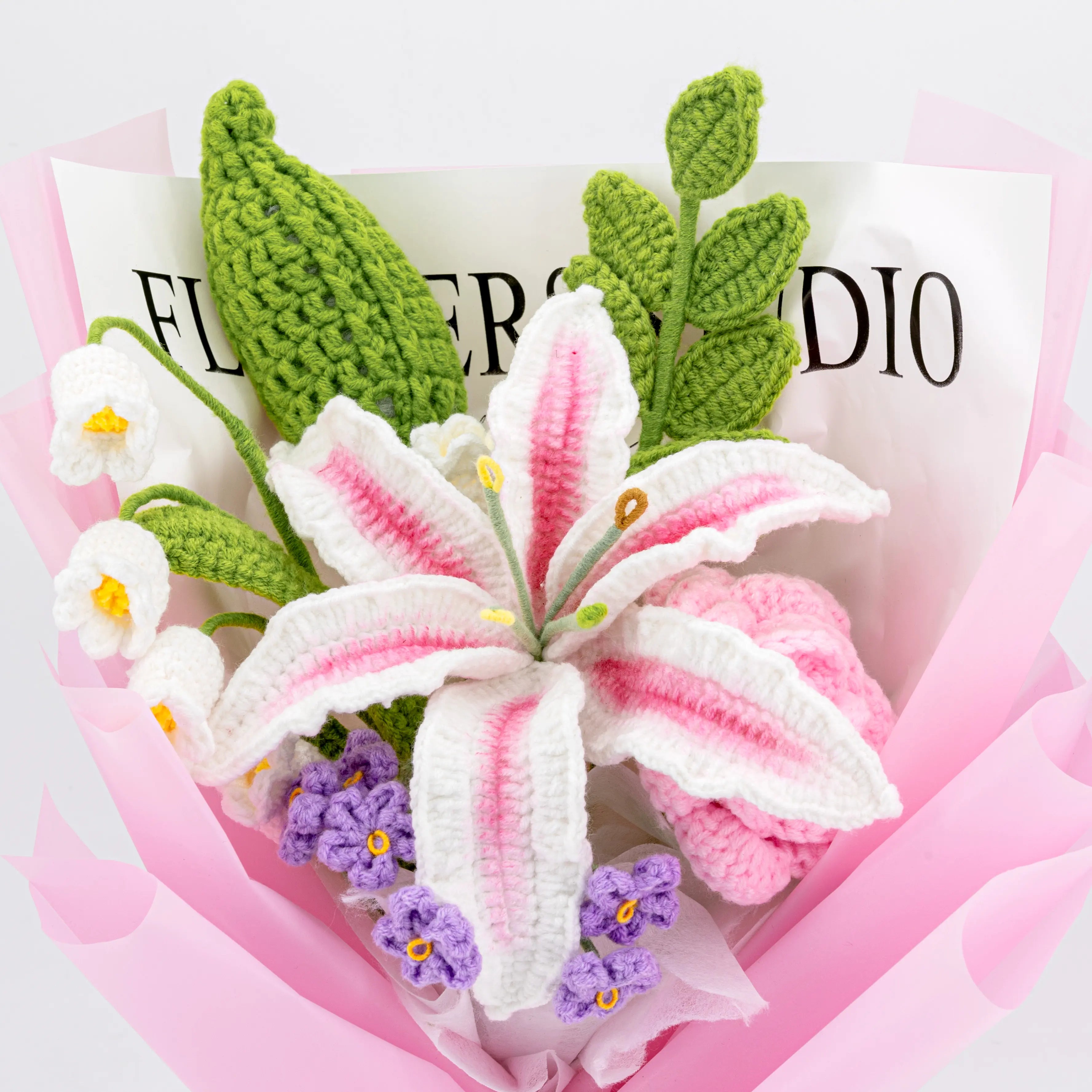 Crochet Pink & White Lily Rose Bouquet