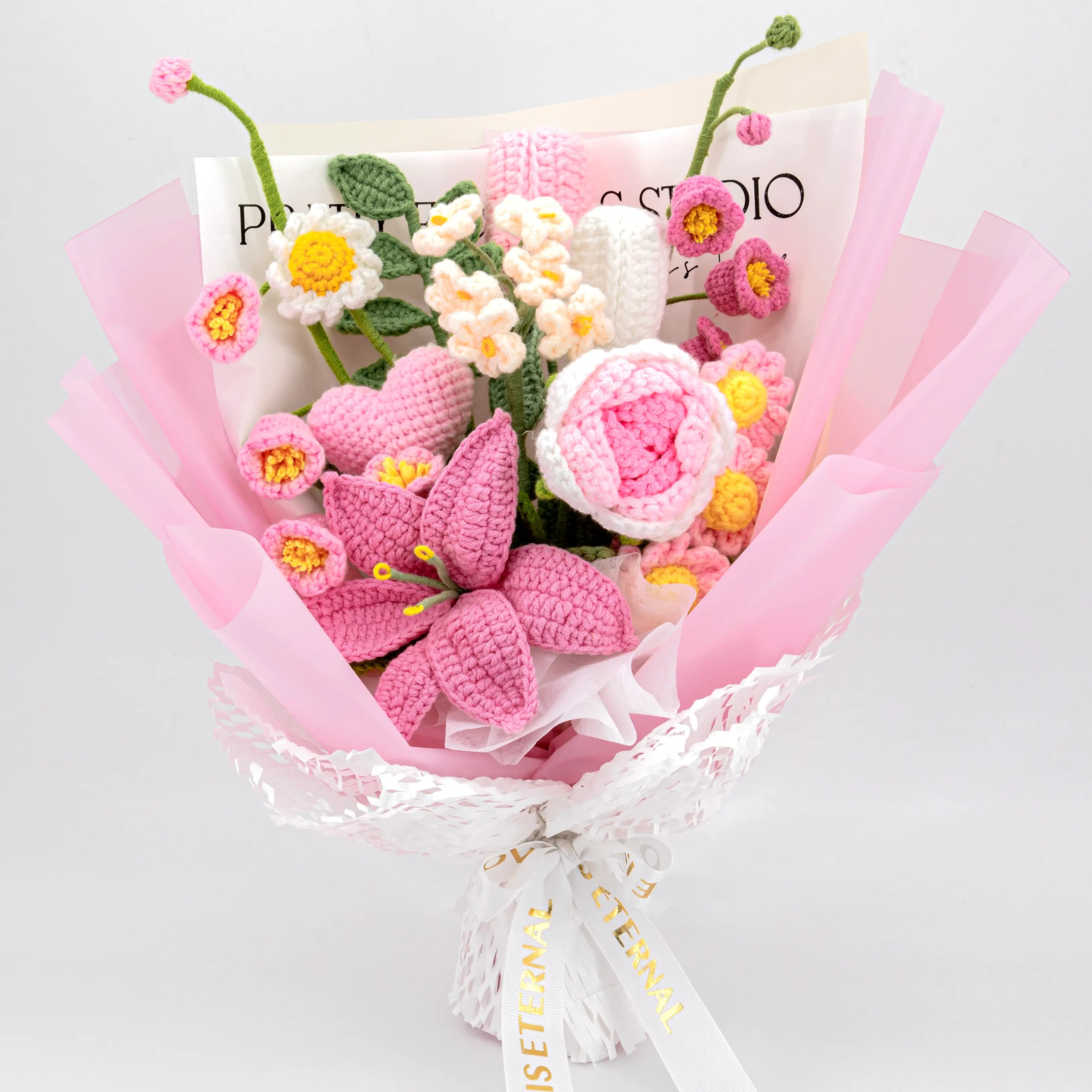 Pink Crochet Lily Rose Tulip Daisy Bouquet
