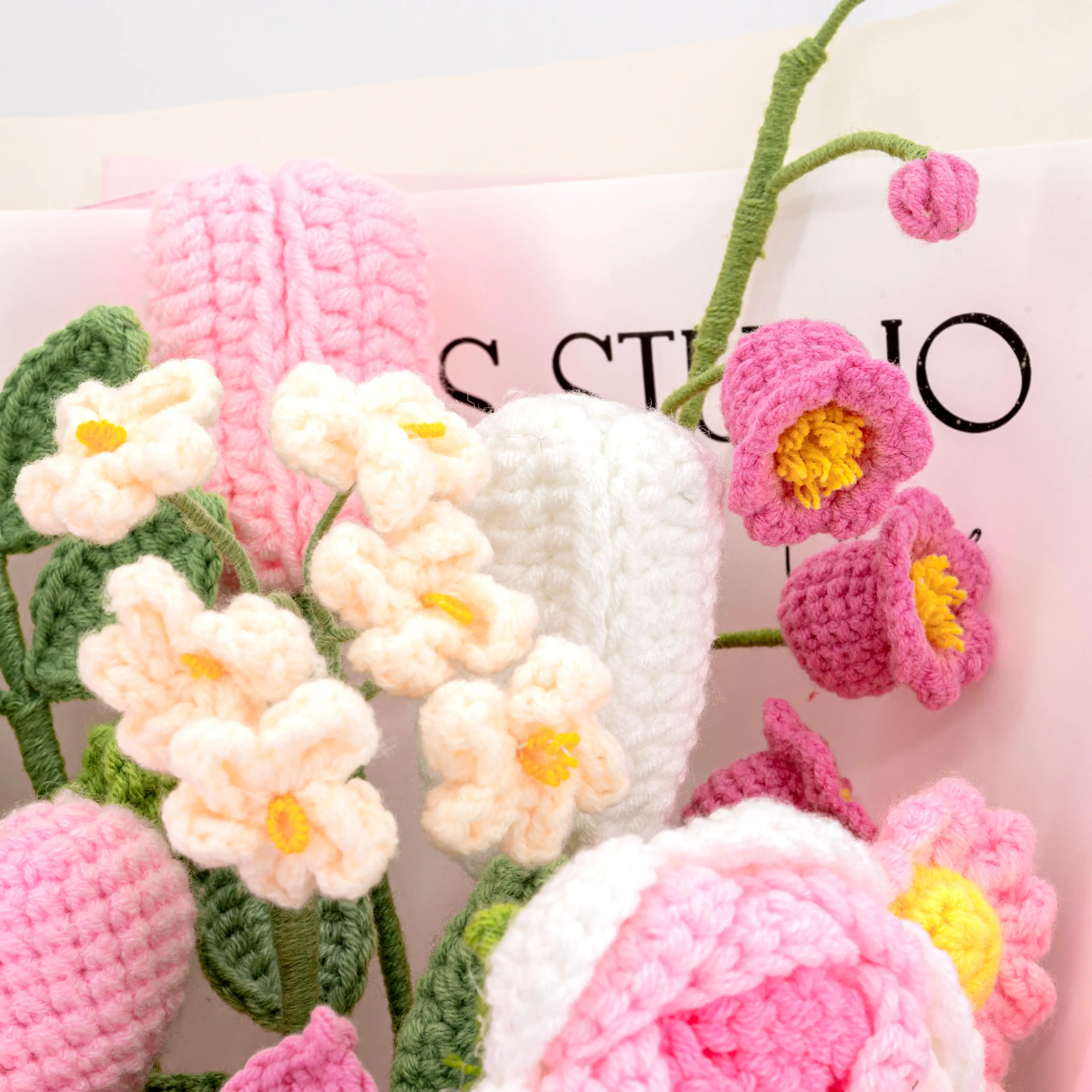 Pink Crochet Lily Rose Tulip Daisy Bouquet