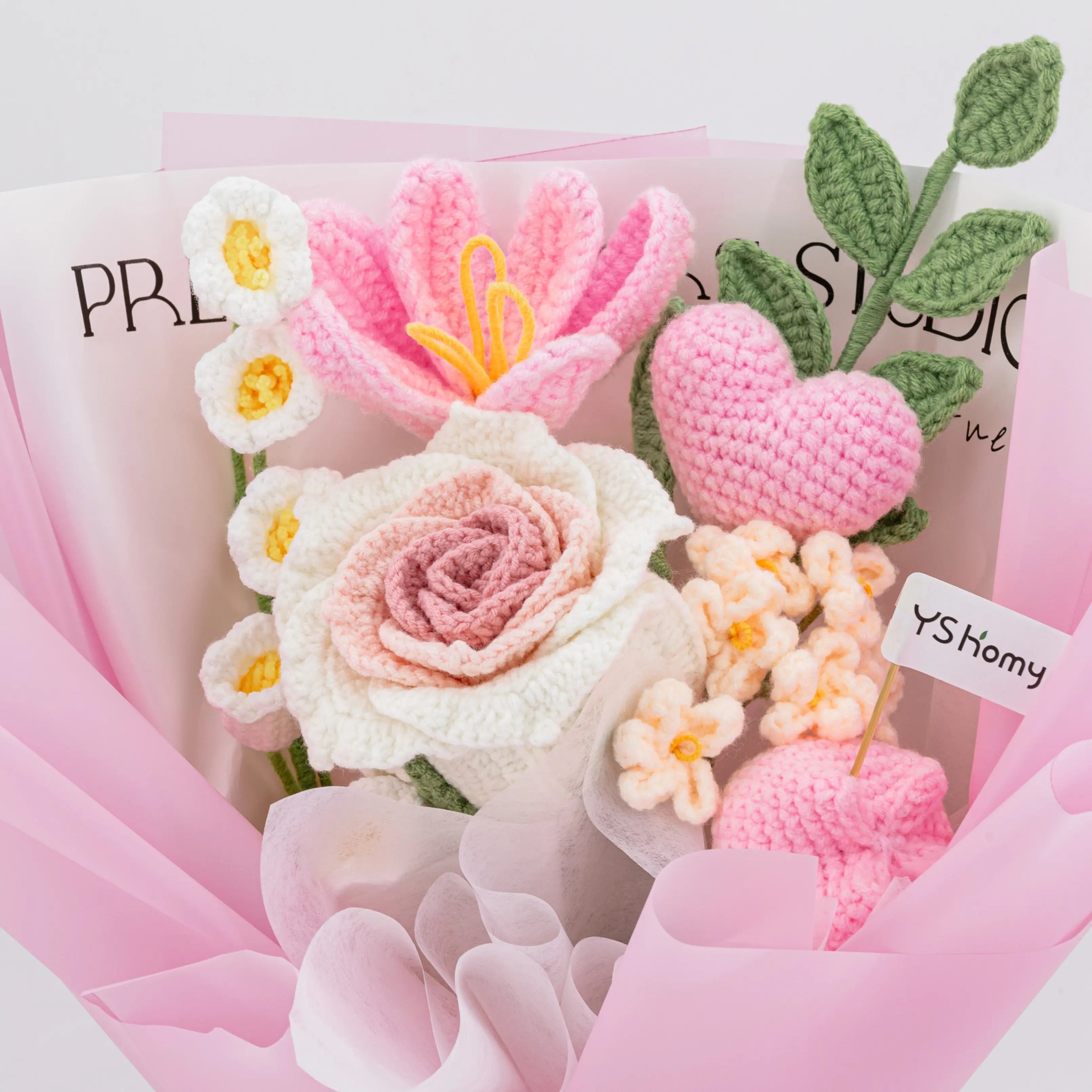 Crochet Thai Rose Tulip Heart Bouquet-Pink