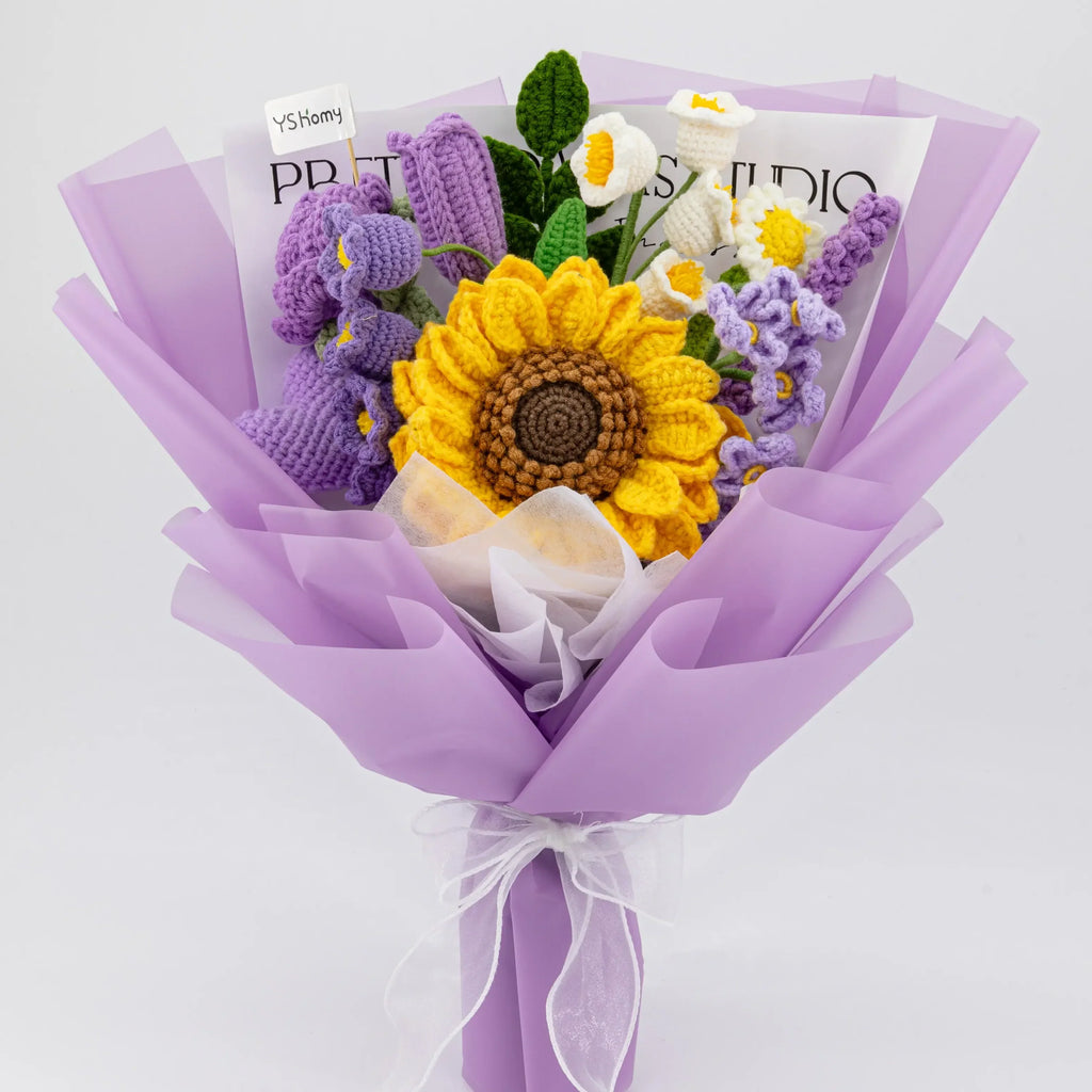 Purple Crochet Big Sunflower Tulip Rose Lavender Bouquet