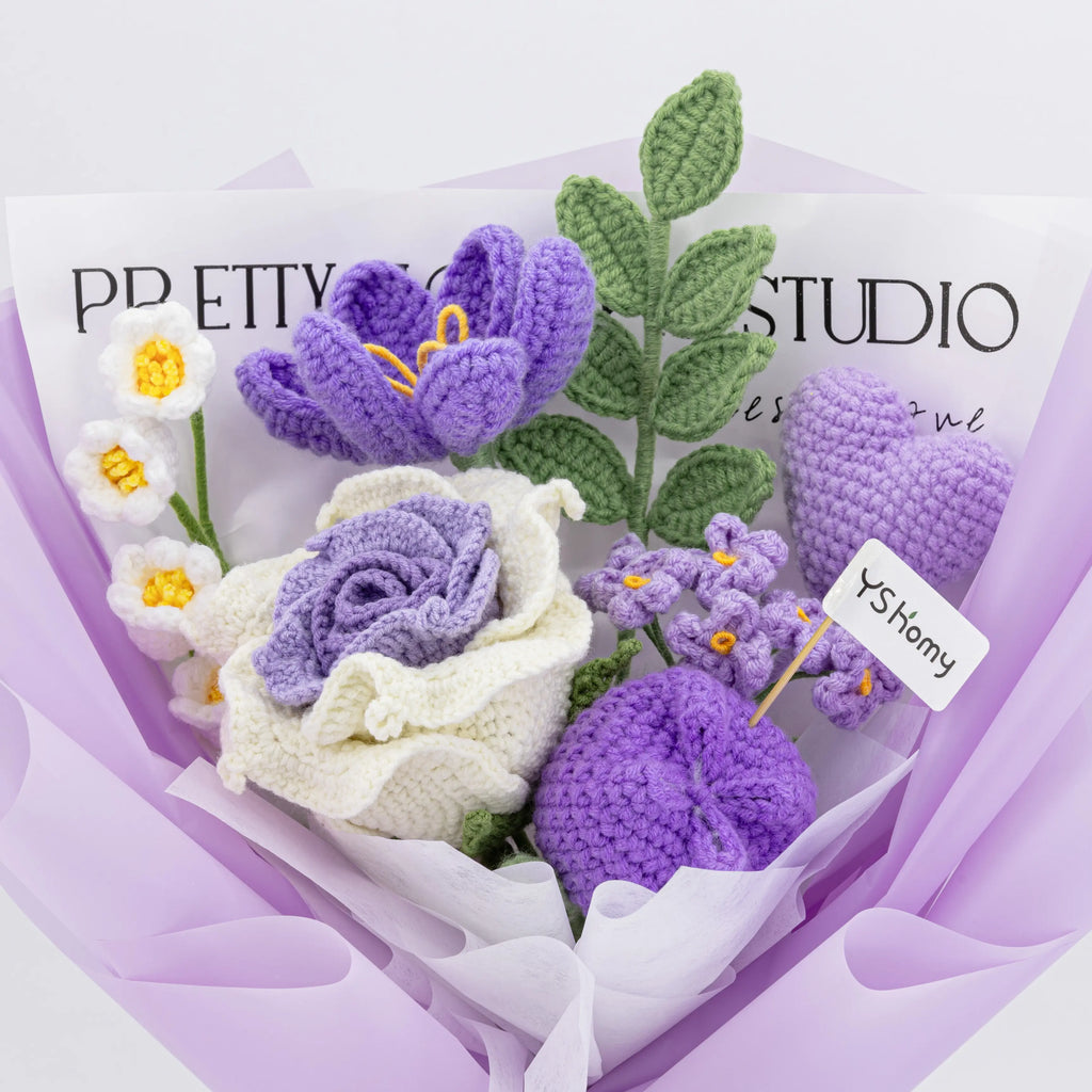 Crochet Thai Rose Tulip Heart Bouquet-Purple
