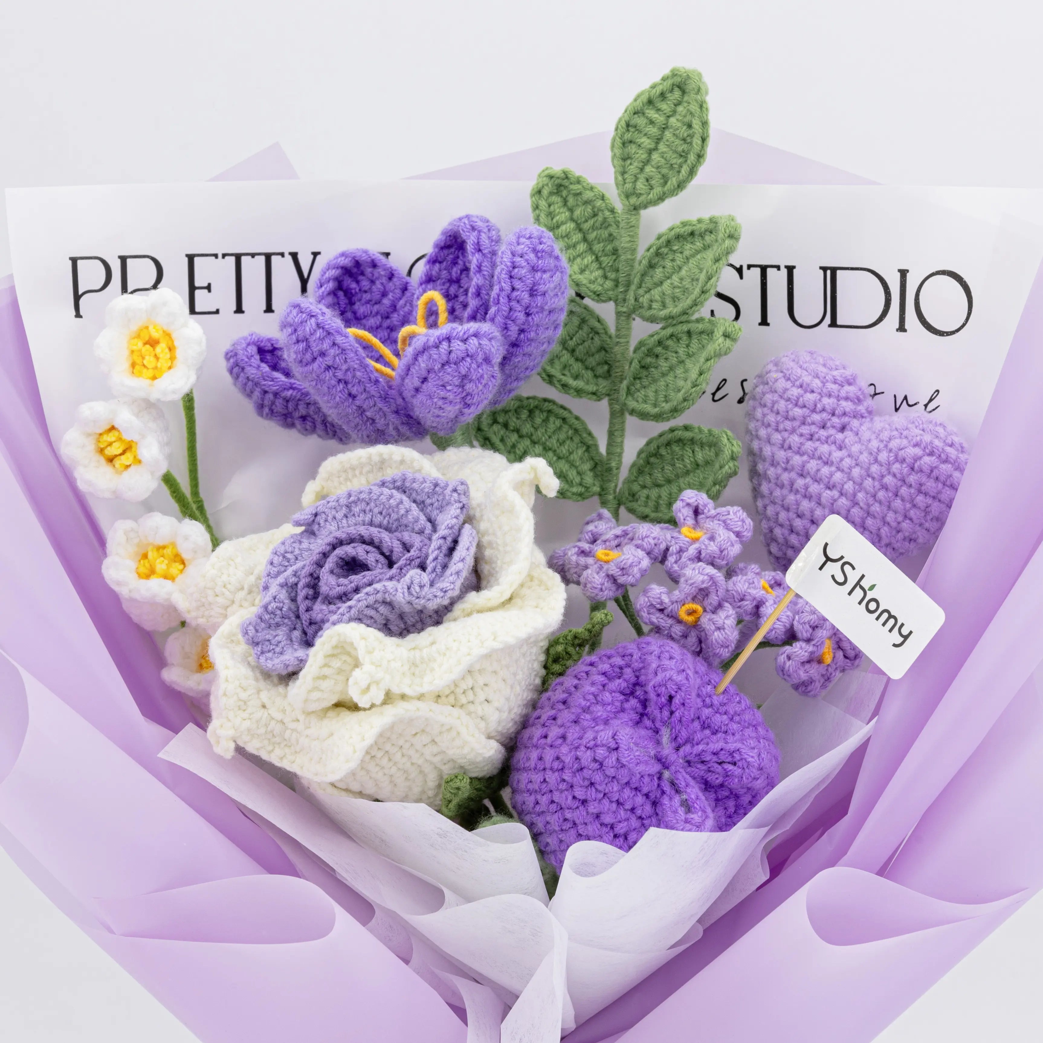 Crochet Thai Rose Tulip Heart Bouquet-Purple