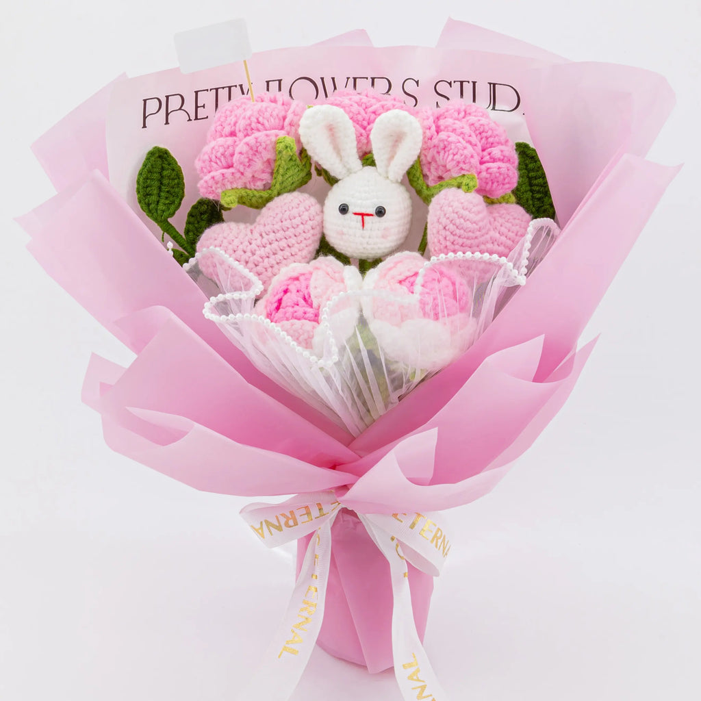 Crochet Bunny & Rose Flower Bouquet
