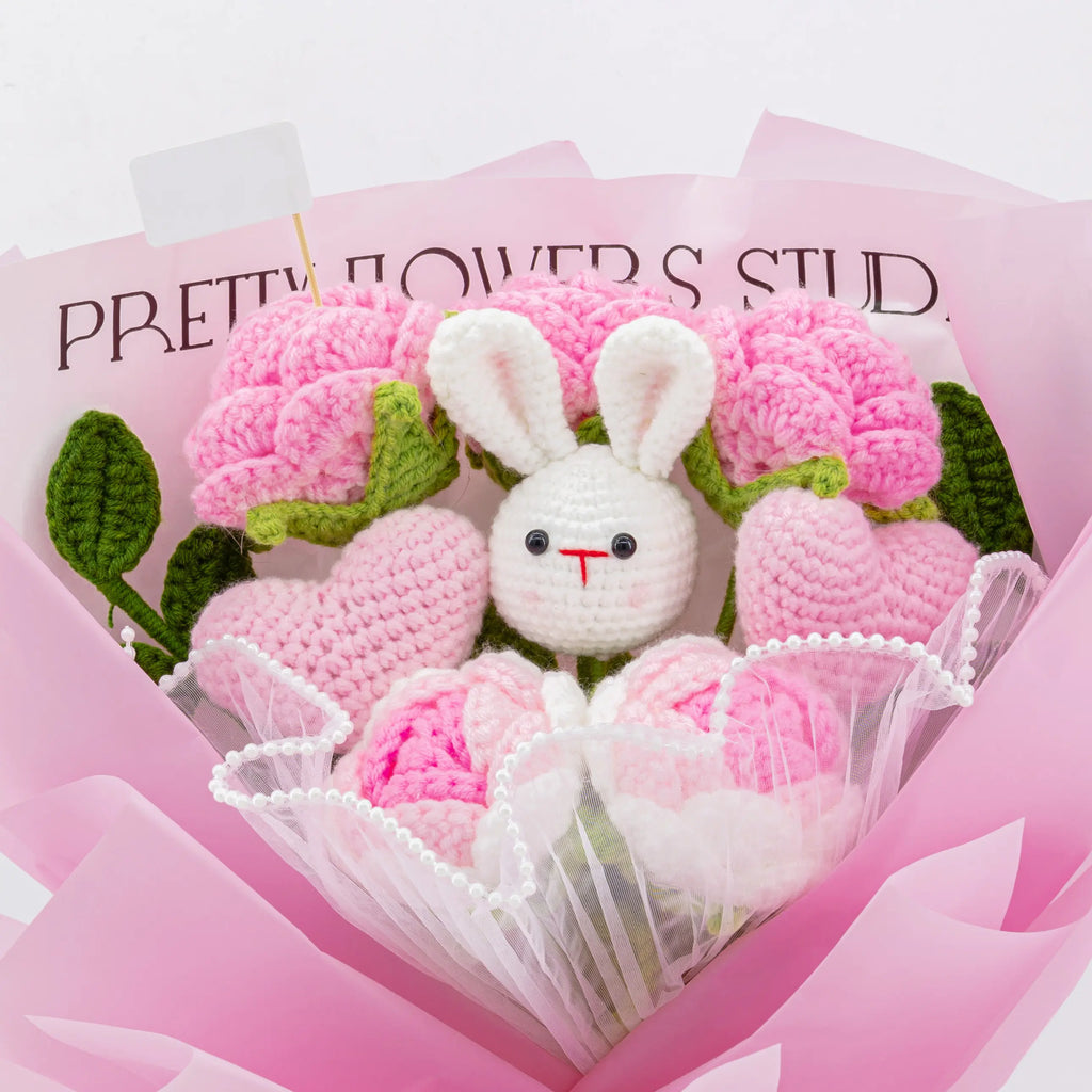 Crochet Bunny & Rose Flower Bouquet