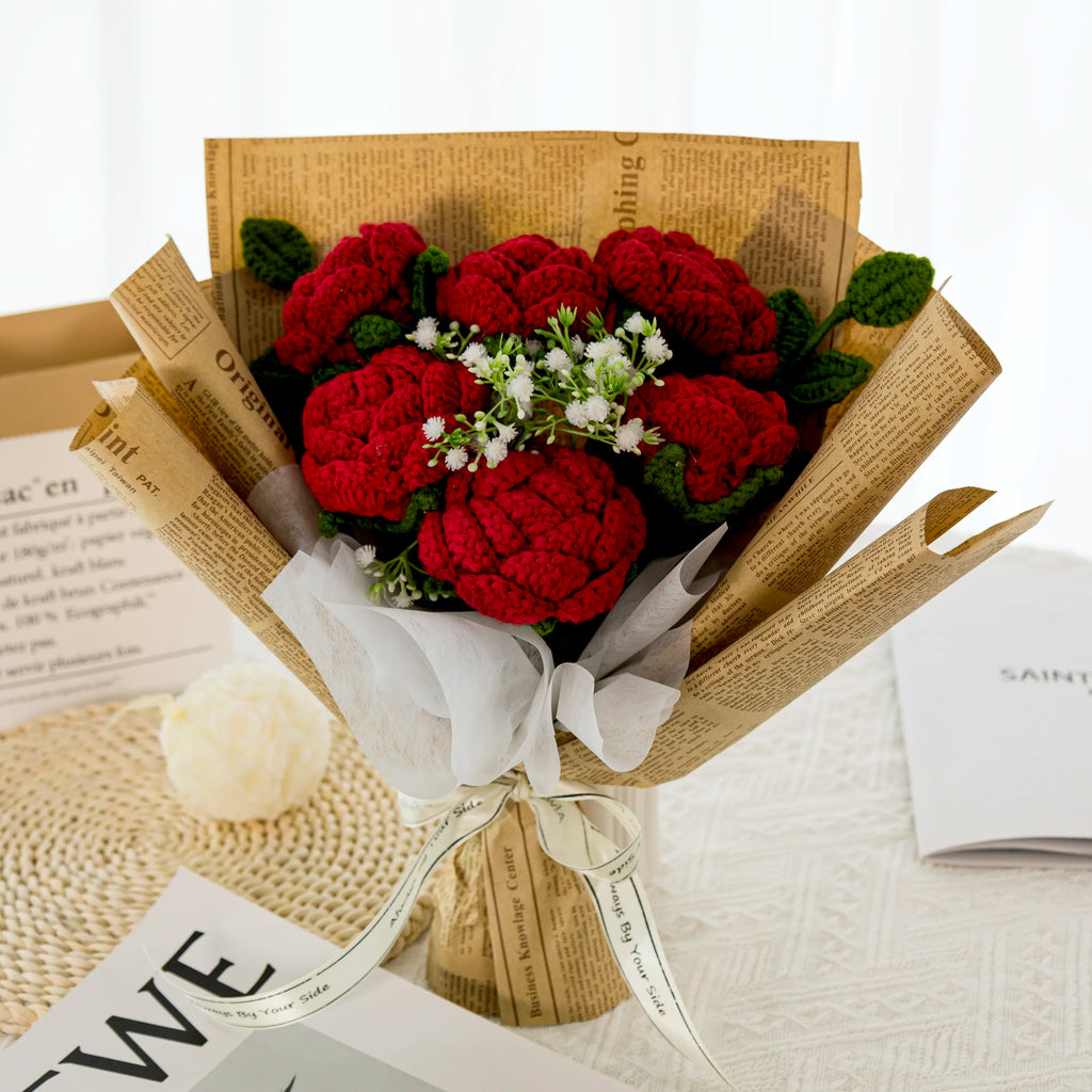 Crochet Red Rose Bouquet with Newspaper Wrapping