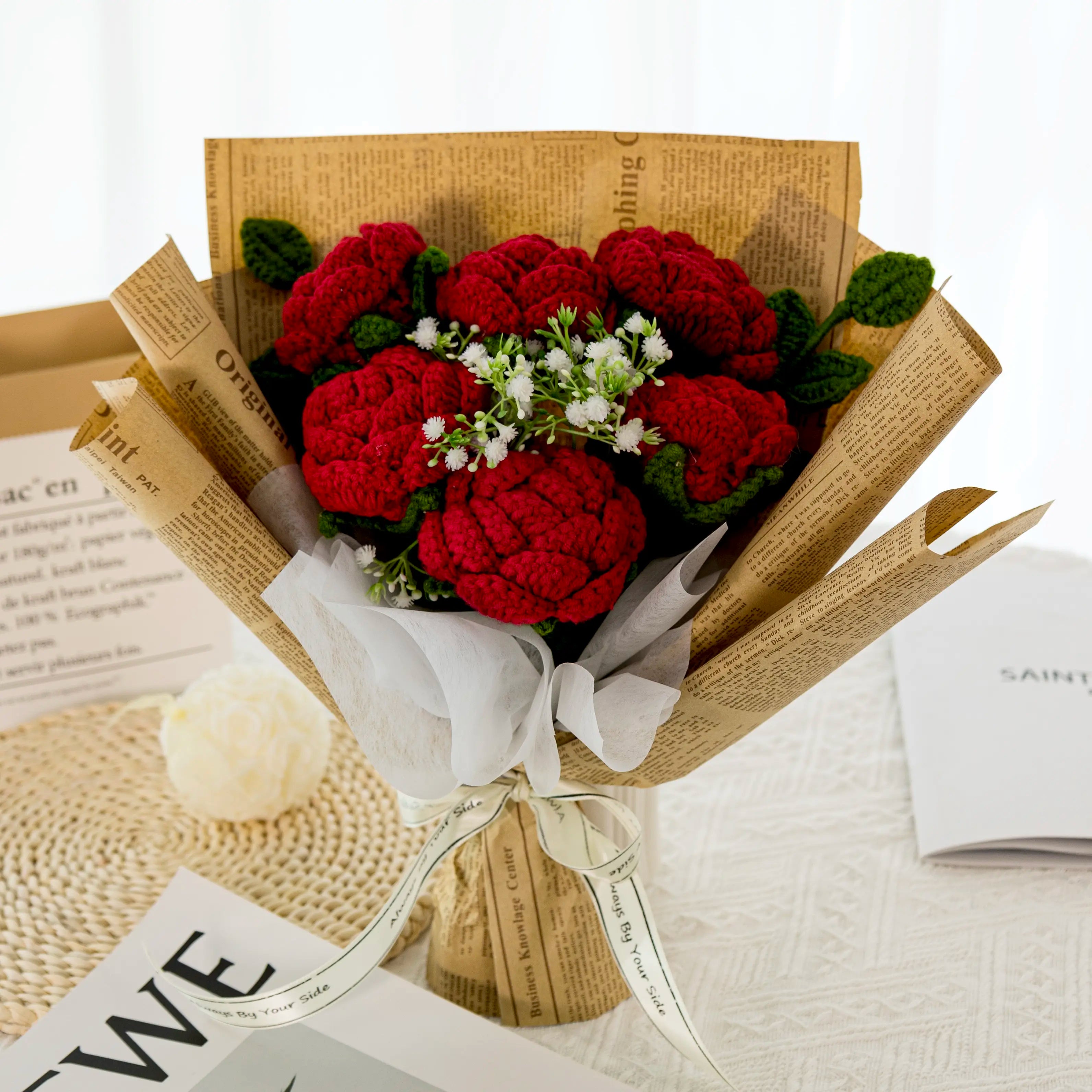 Crochet Red Rose Bouquet with Newspaper Wrapping
