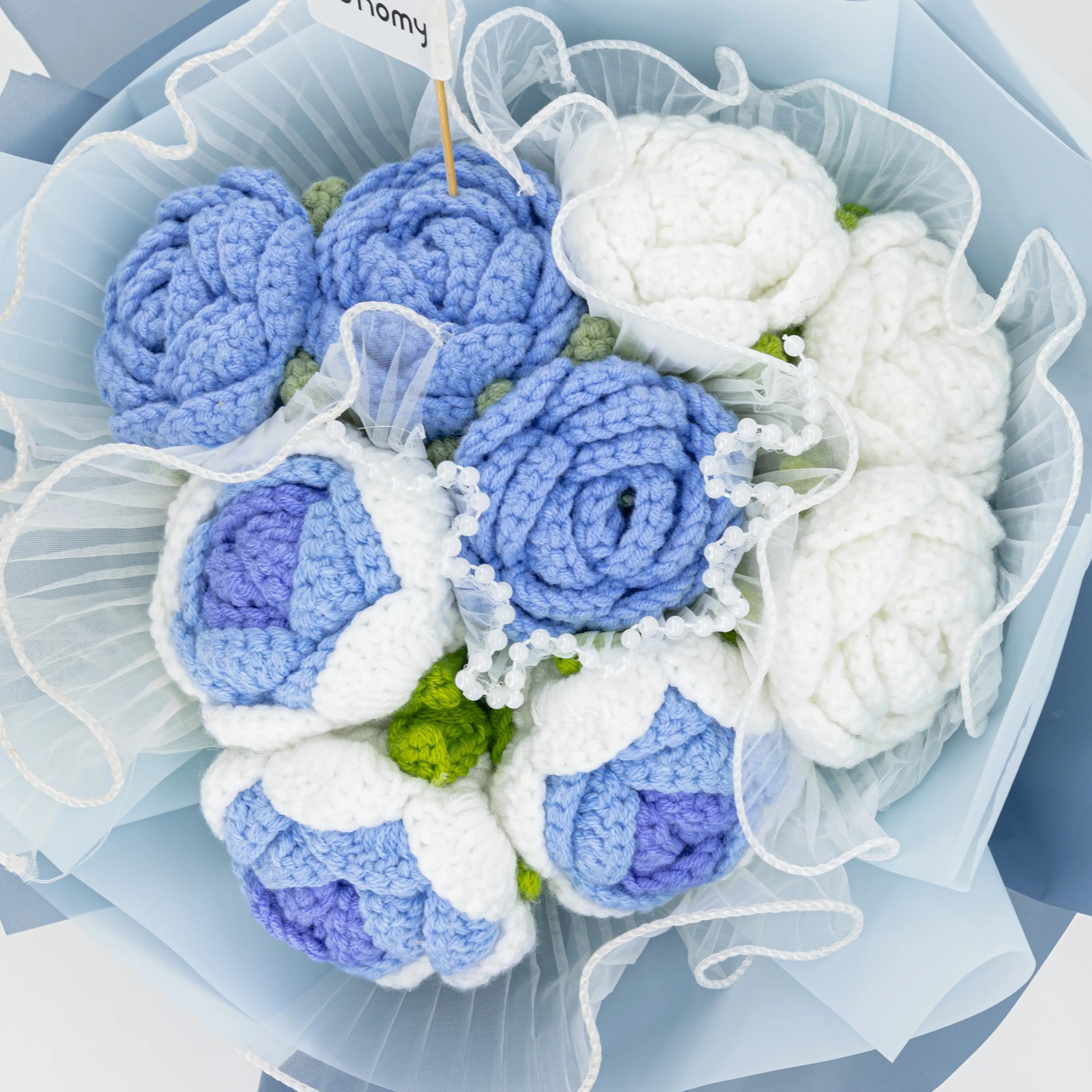 Round Crochet Blue & White Rose Bouquet