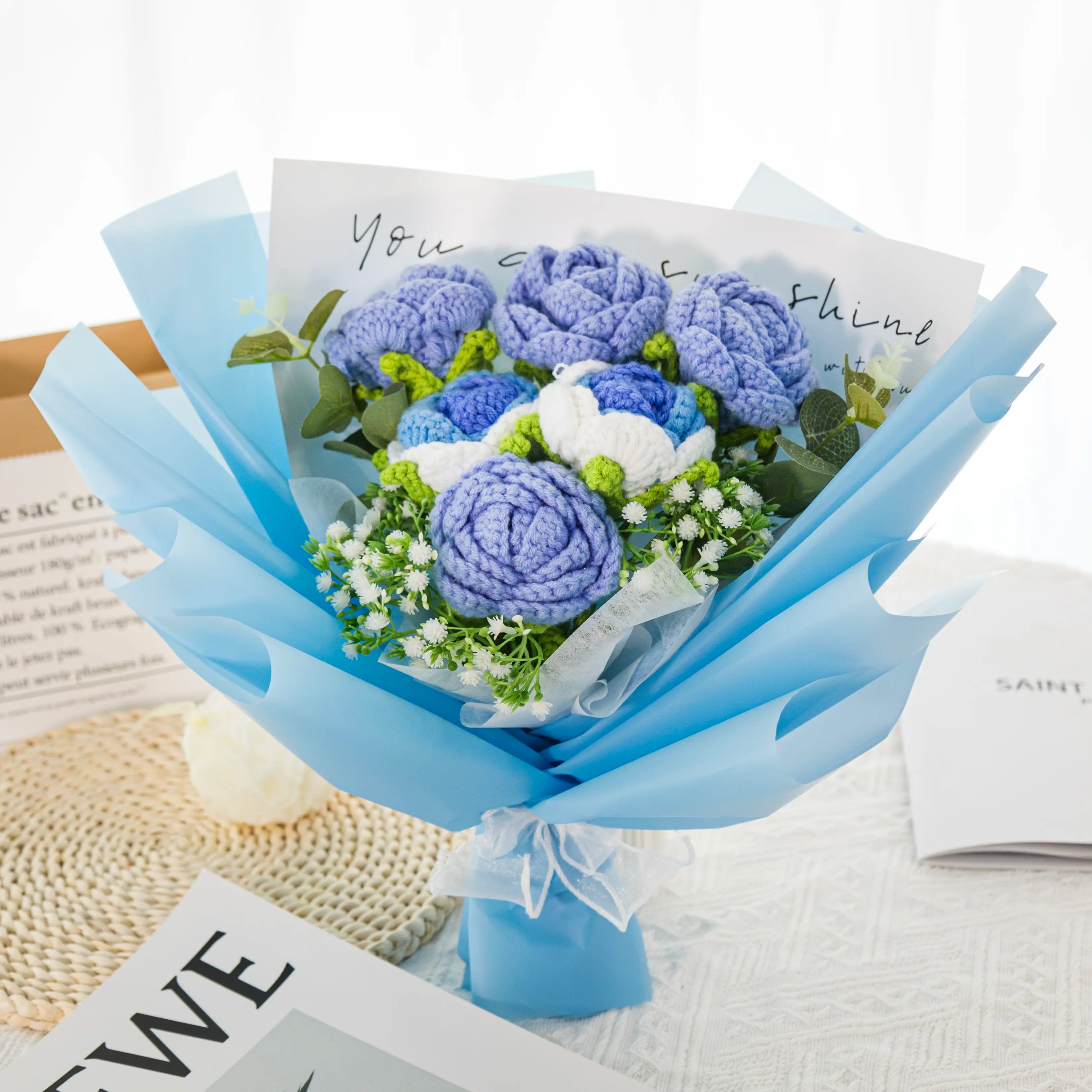 Crochet Blue Rose Bouquet