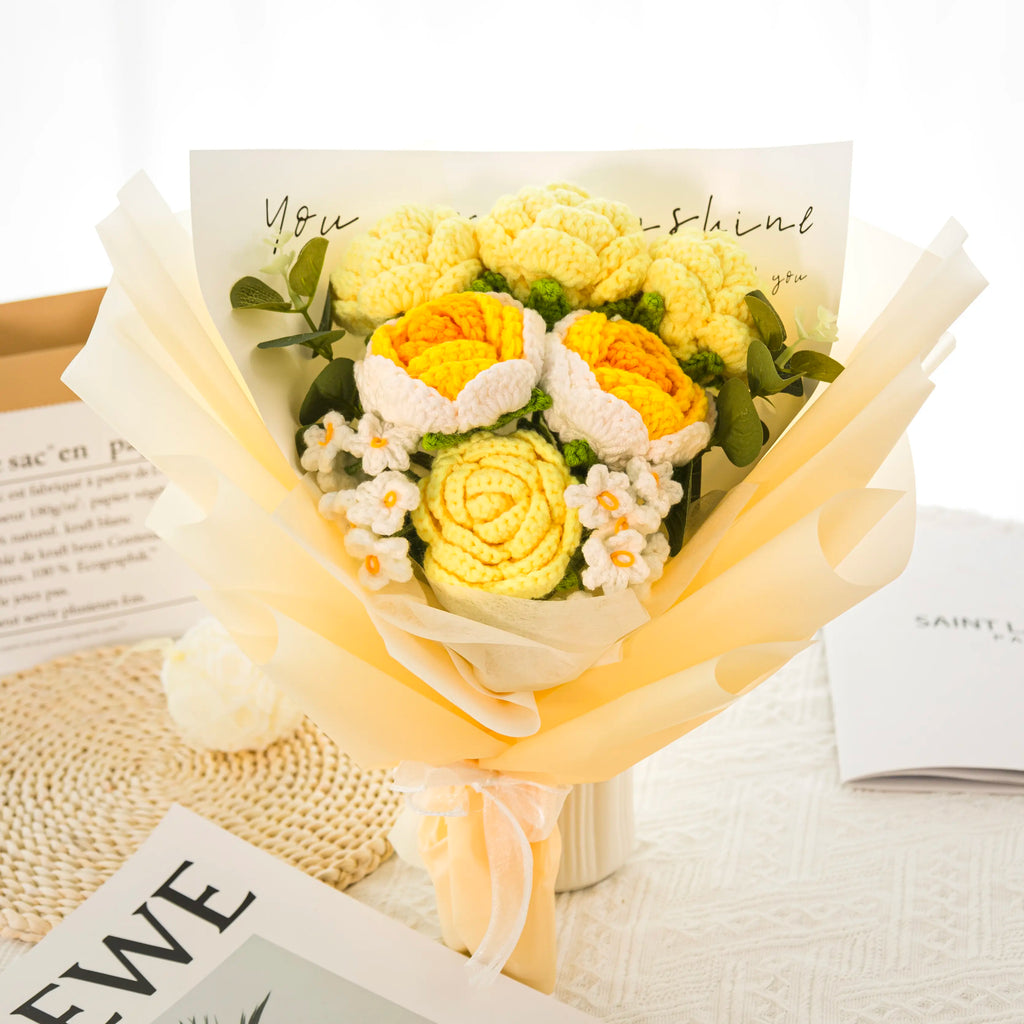 Crochet Yellow Rose Forget-Me-Not Bouquet