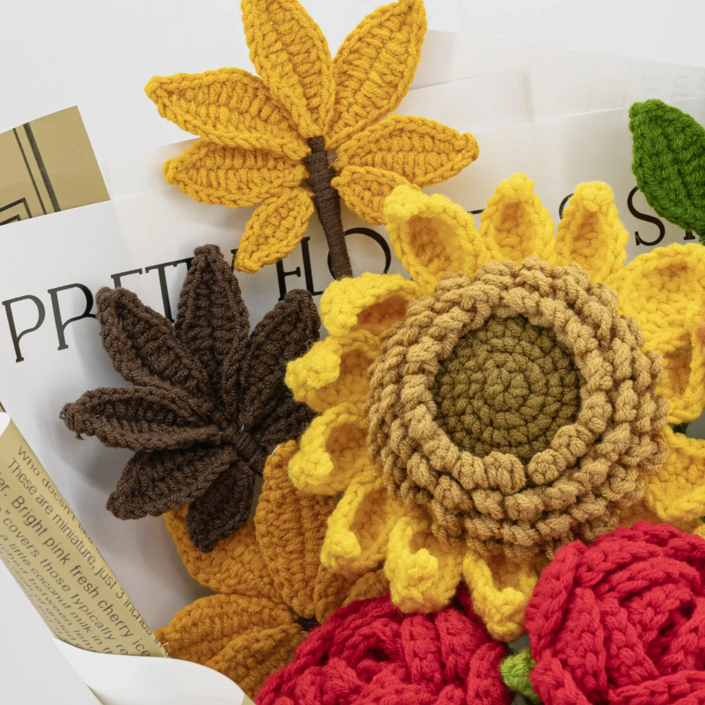 Crochet Sunflower Red Rose Maple Bouquet