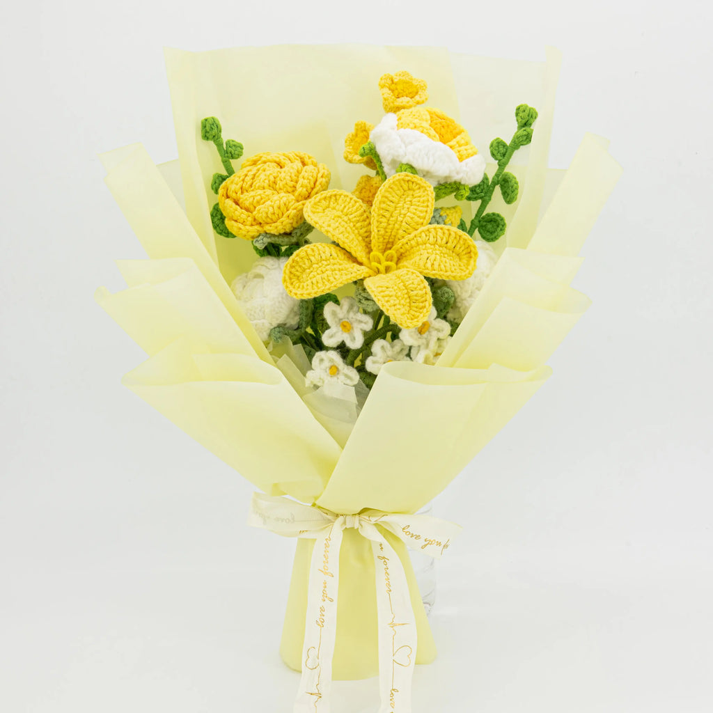 Crochet Tulip Rose Forget-Me-Not Bouquet-Yellow