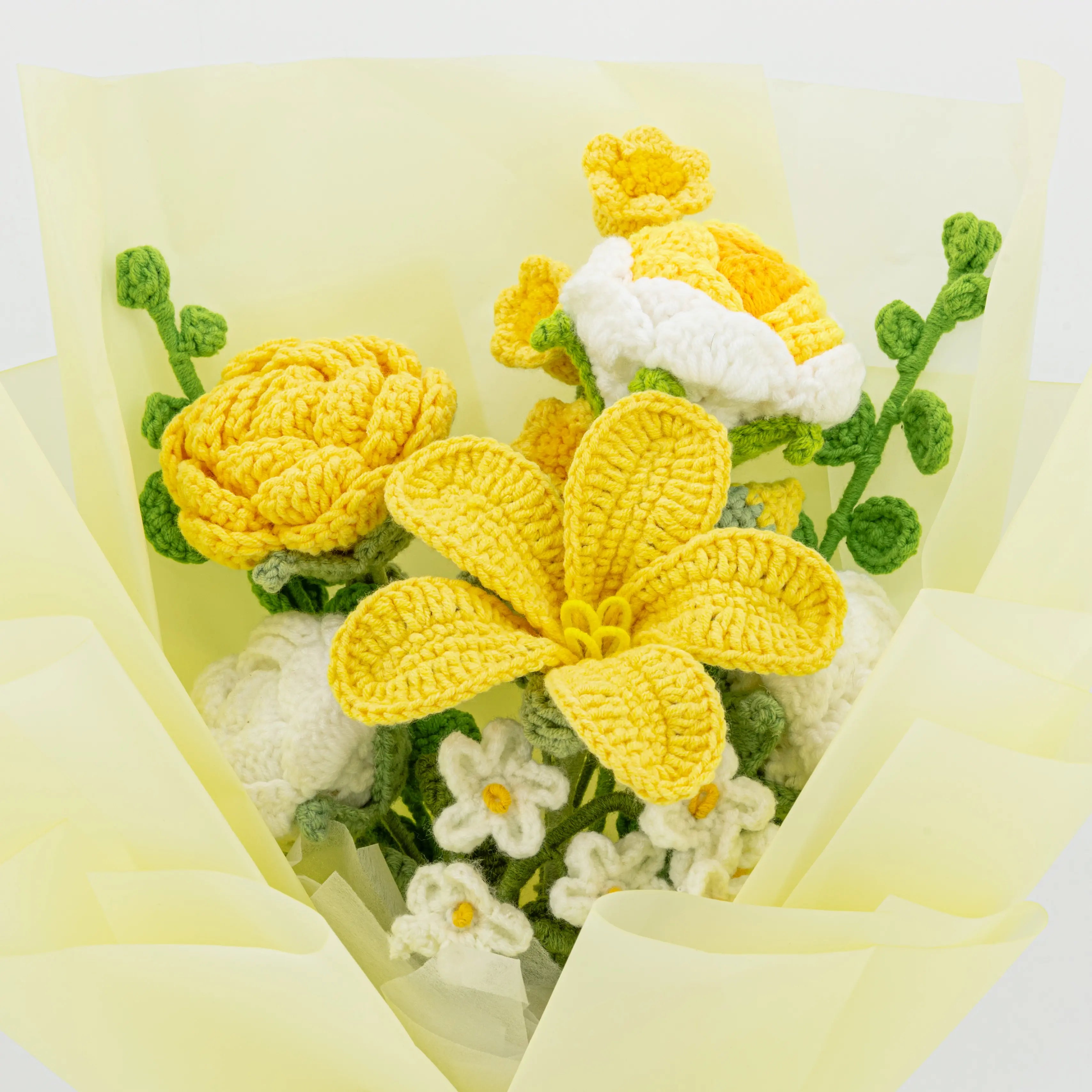 Crochet Tulip Rose Forget-Me-Not Bouquet-Yellow