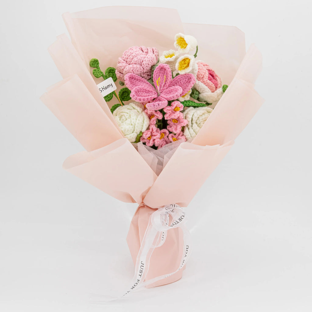 Crochet Tulip Rose Forget-Me-Not Bouquet-Pink