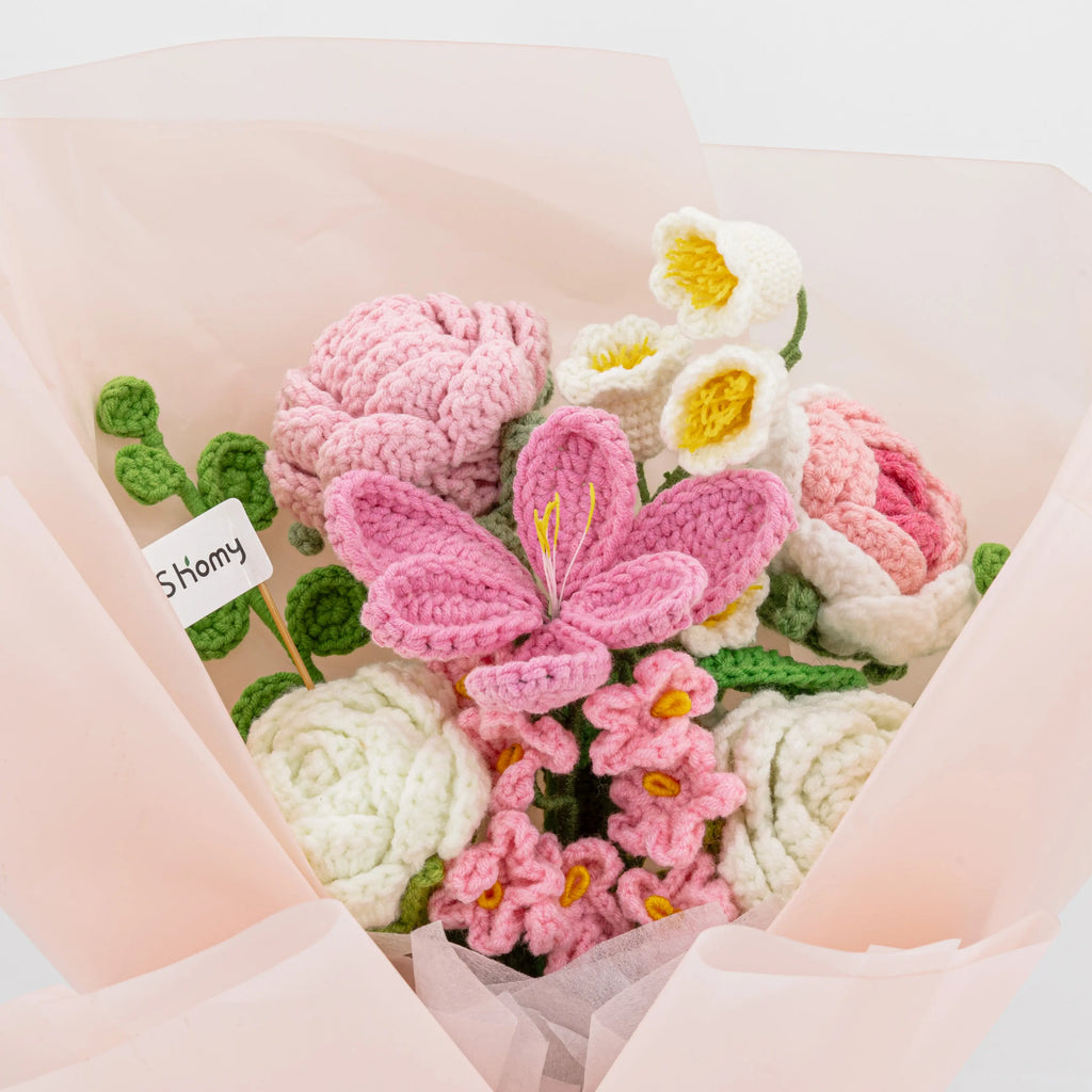 Crochet Tulip Rose Forget-Me-Not Bouquet-Pink