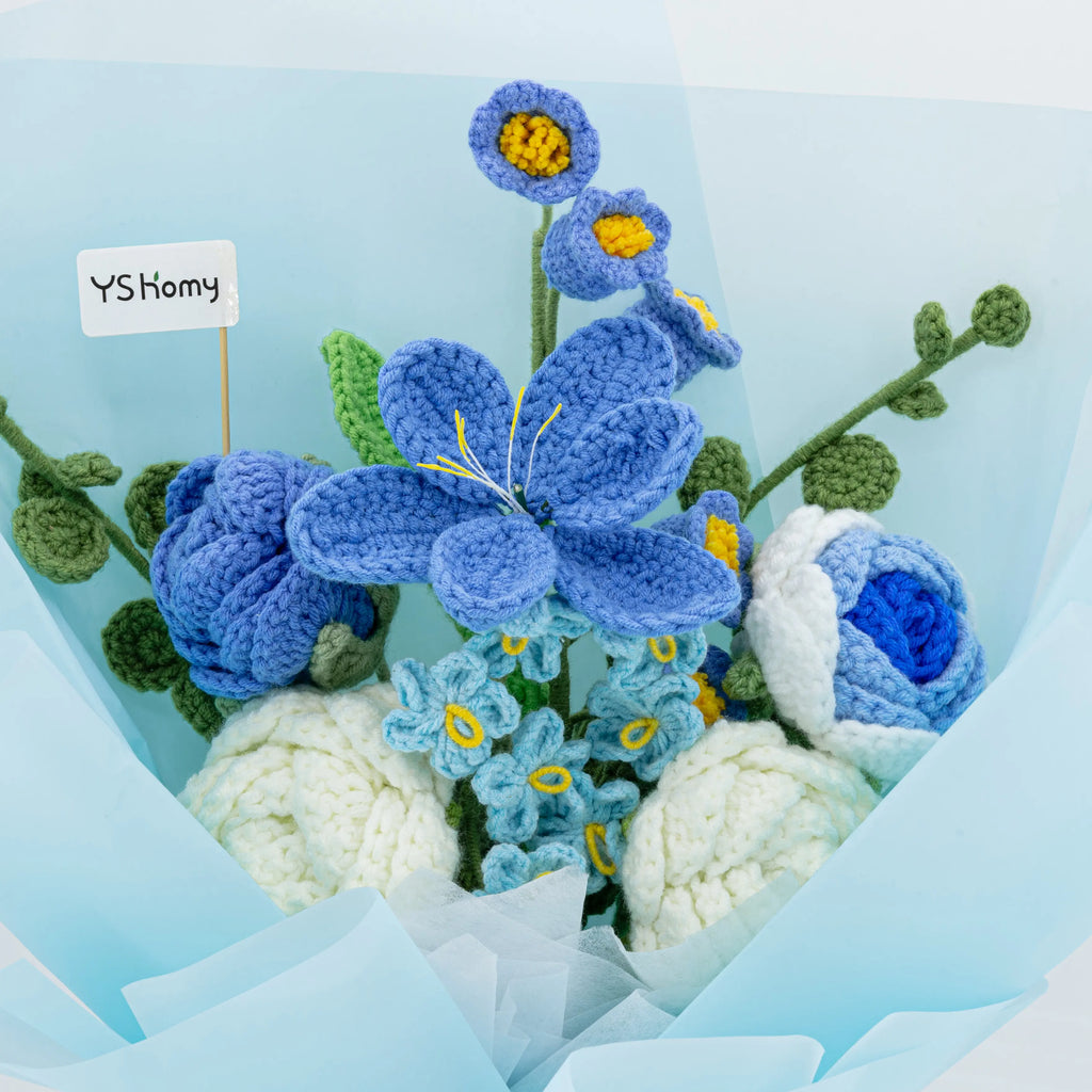 Crochet Tulip Rose Forget-Me-Not Bouquet-Blue