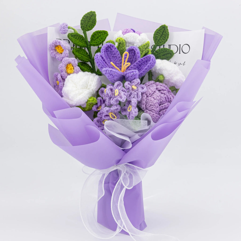 Crochet Tulip Rose Forget-Me-Not Bouquet-Purple