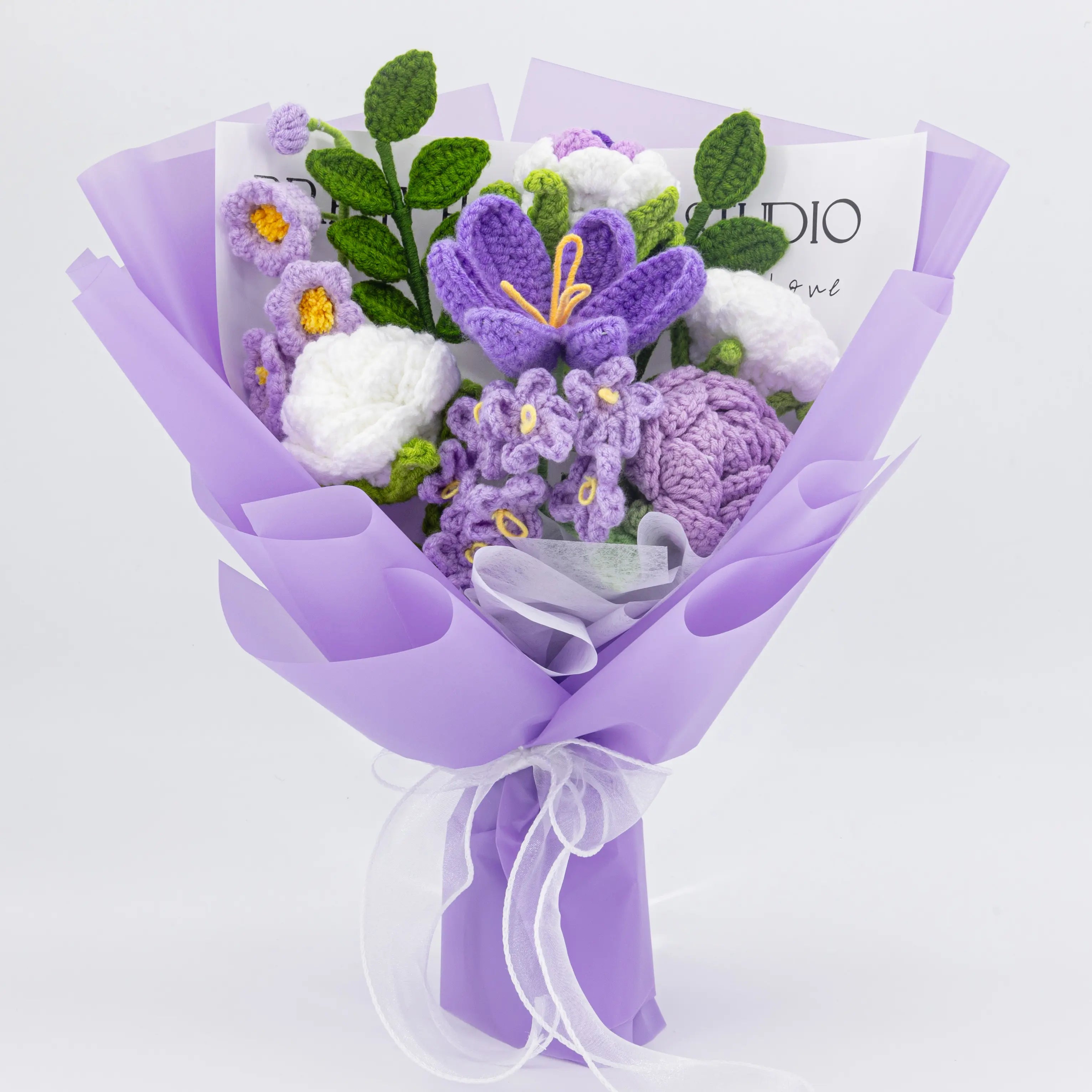 Crochet Tulip Rose Forget-Me-Not Bouquet-Purple
