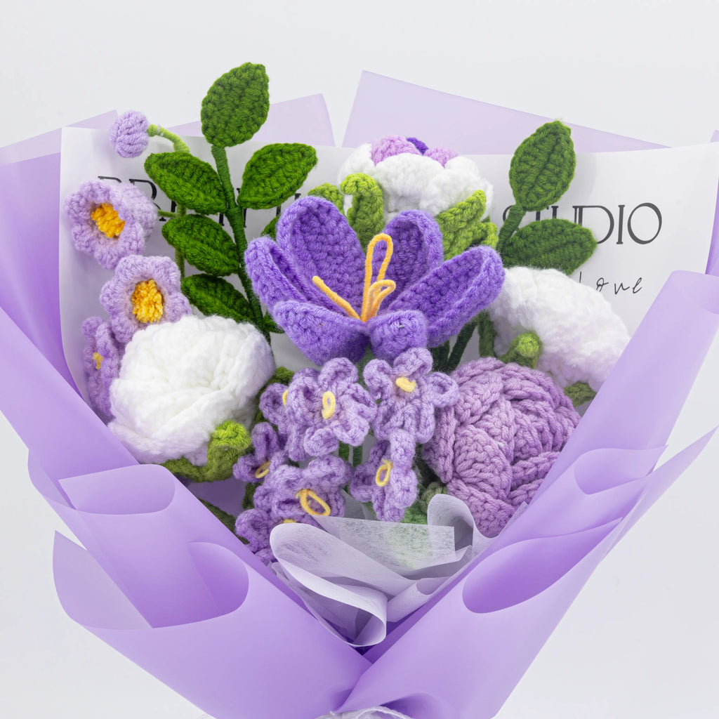 Crochet Tulip Rose Forget-Me-Not Bouquet-Purple