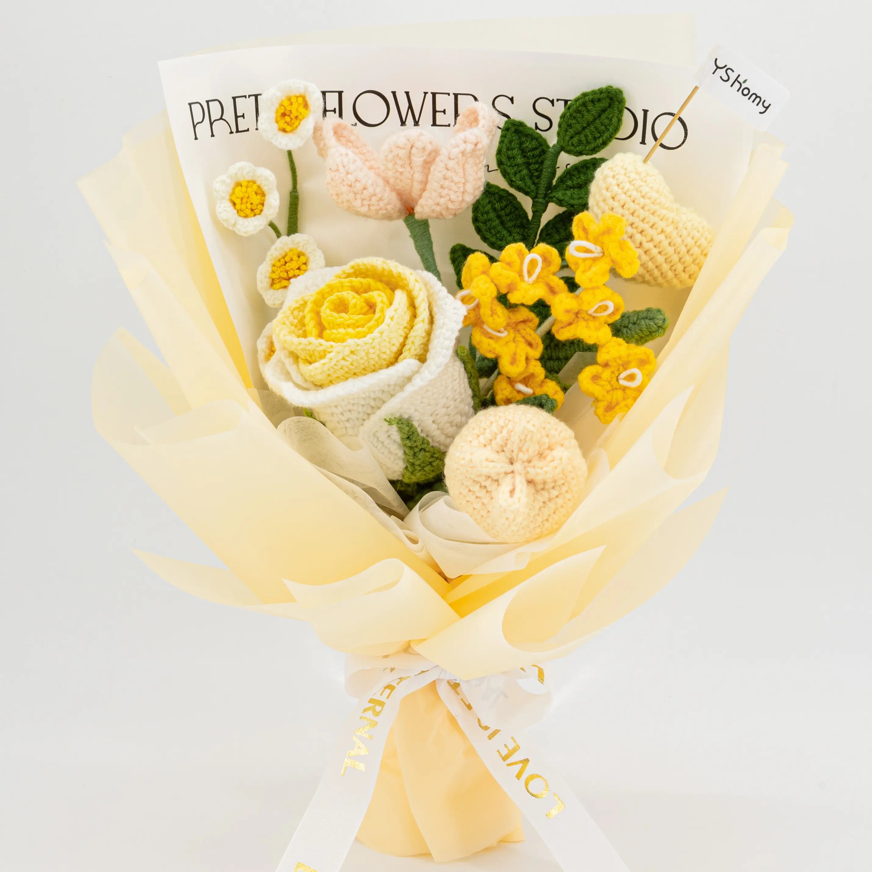 Crochet Thai Rose Tulip Heart Bouquet-Yellow