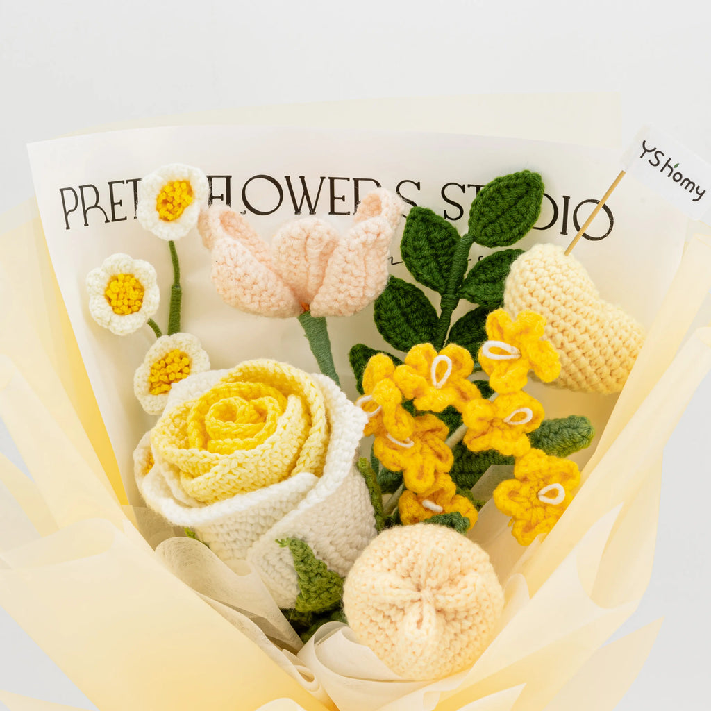 Crochet Thai Rose Tulip Heart Bouquet-Yellow