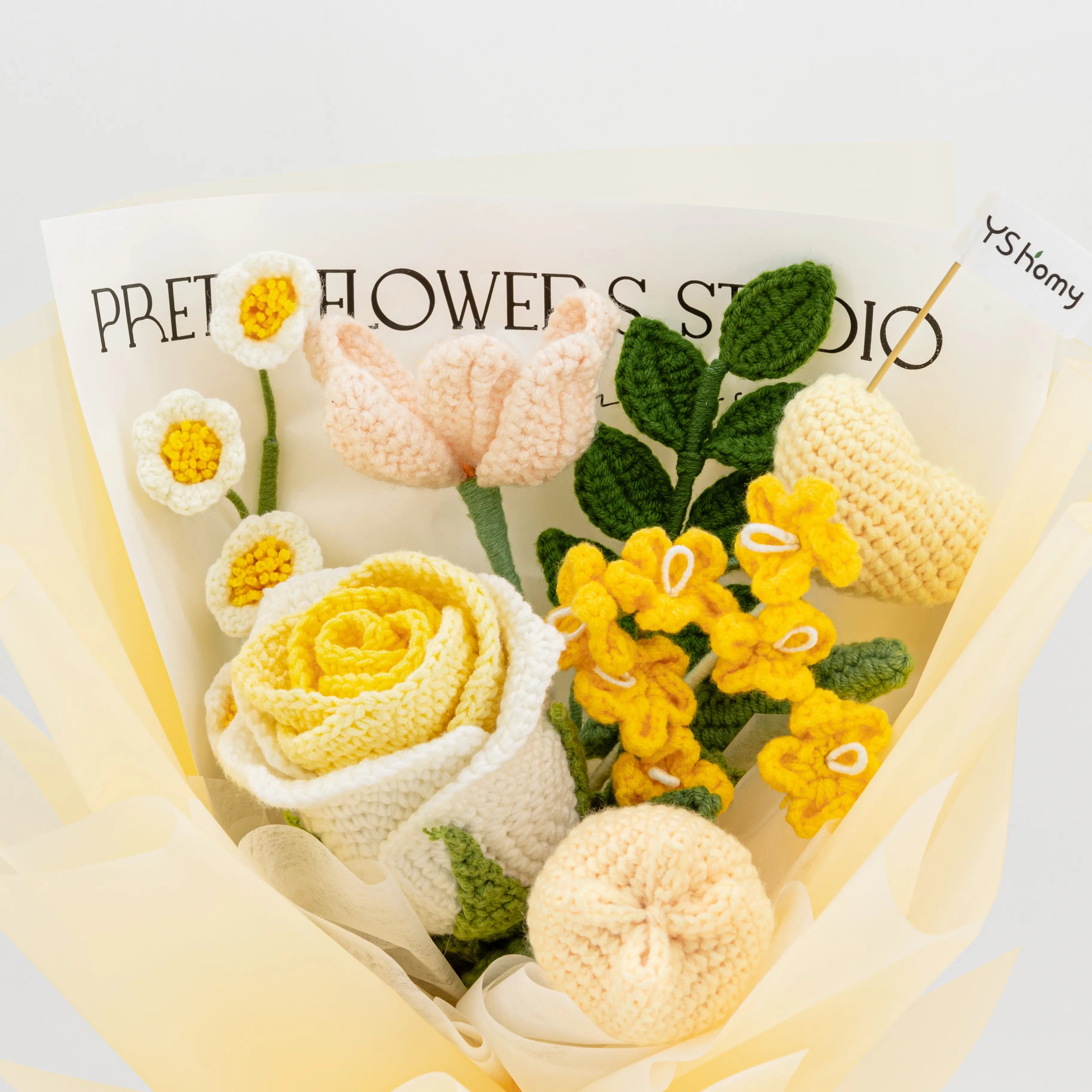 Crochet Thai Rose Tulip Heart Bouquet-Yellow