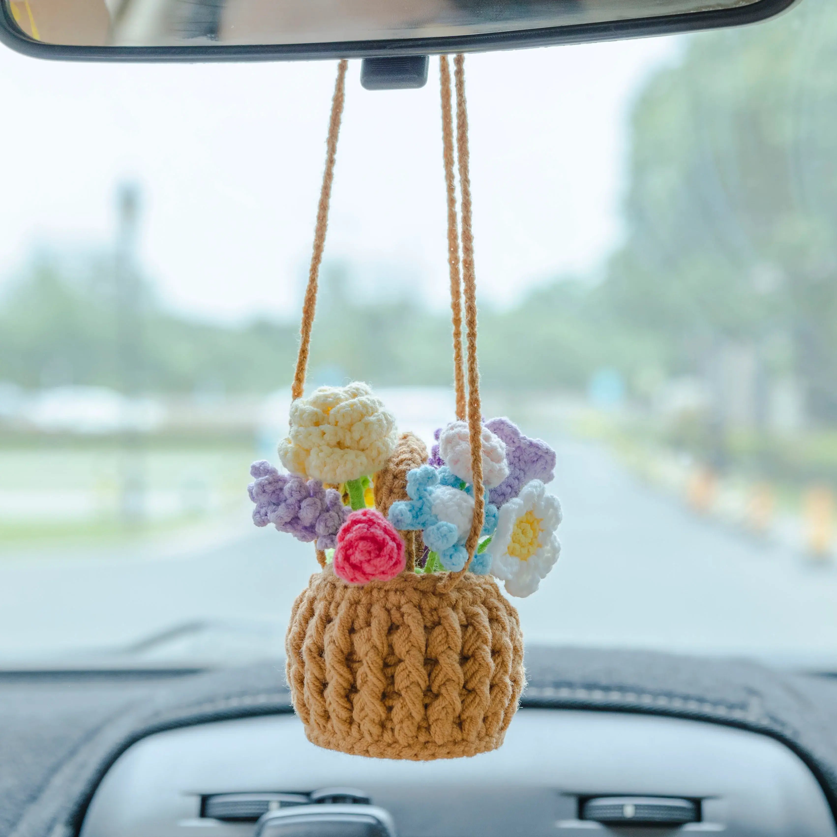 Crochet Hanging Flower Basket with Rose & Lavender