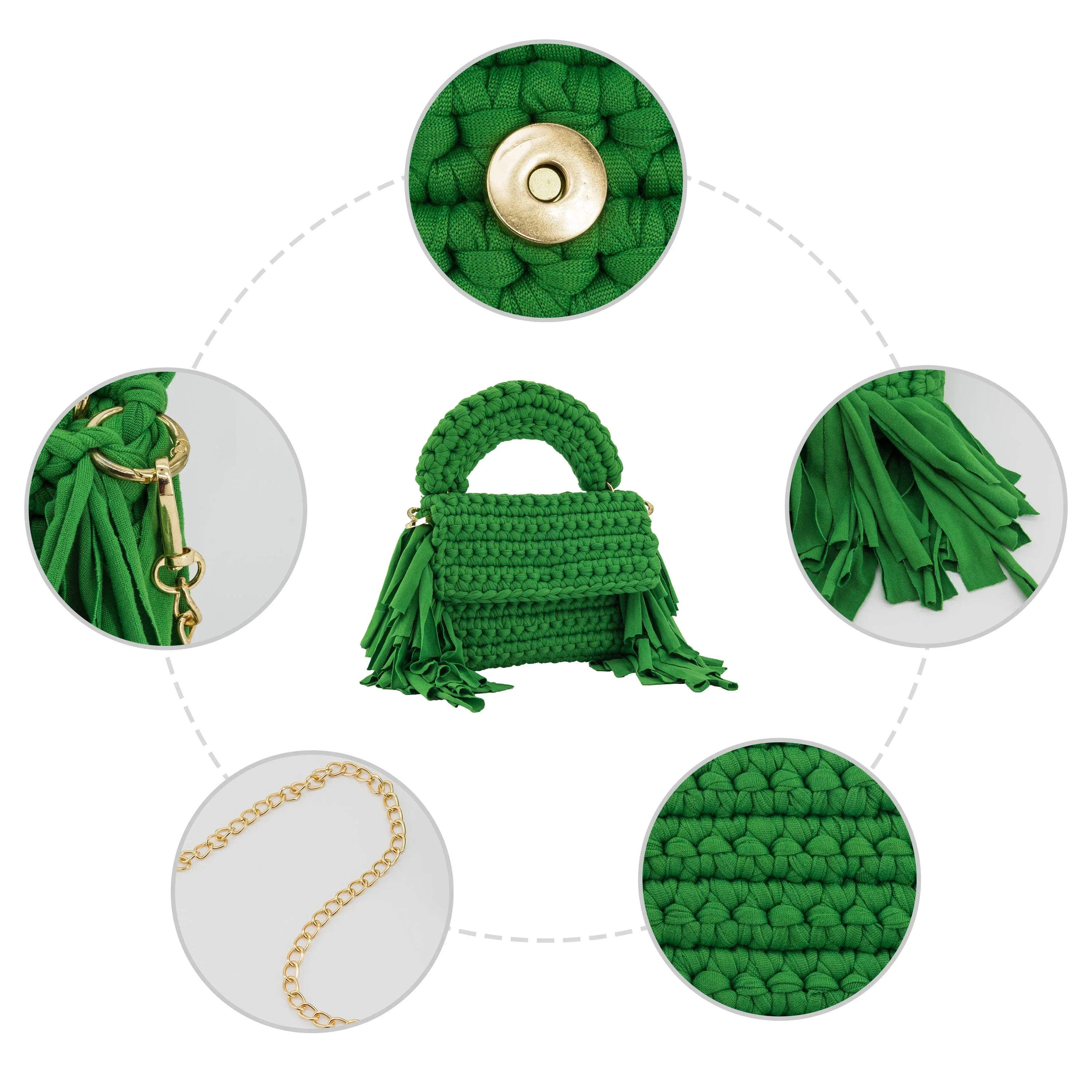 Crochet Handbag with Tassels on Two Sides-Green