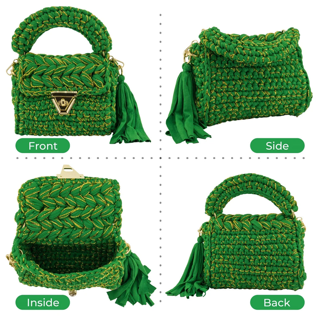 Crochet Handbag with Golden Thread-Green