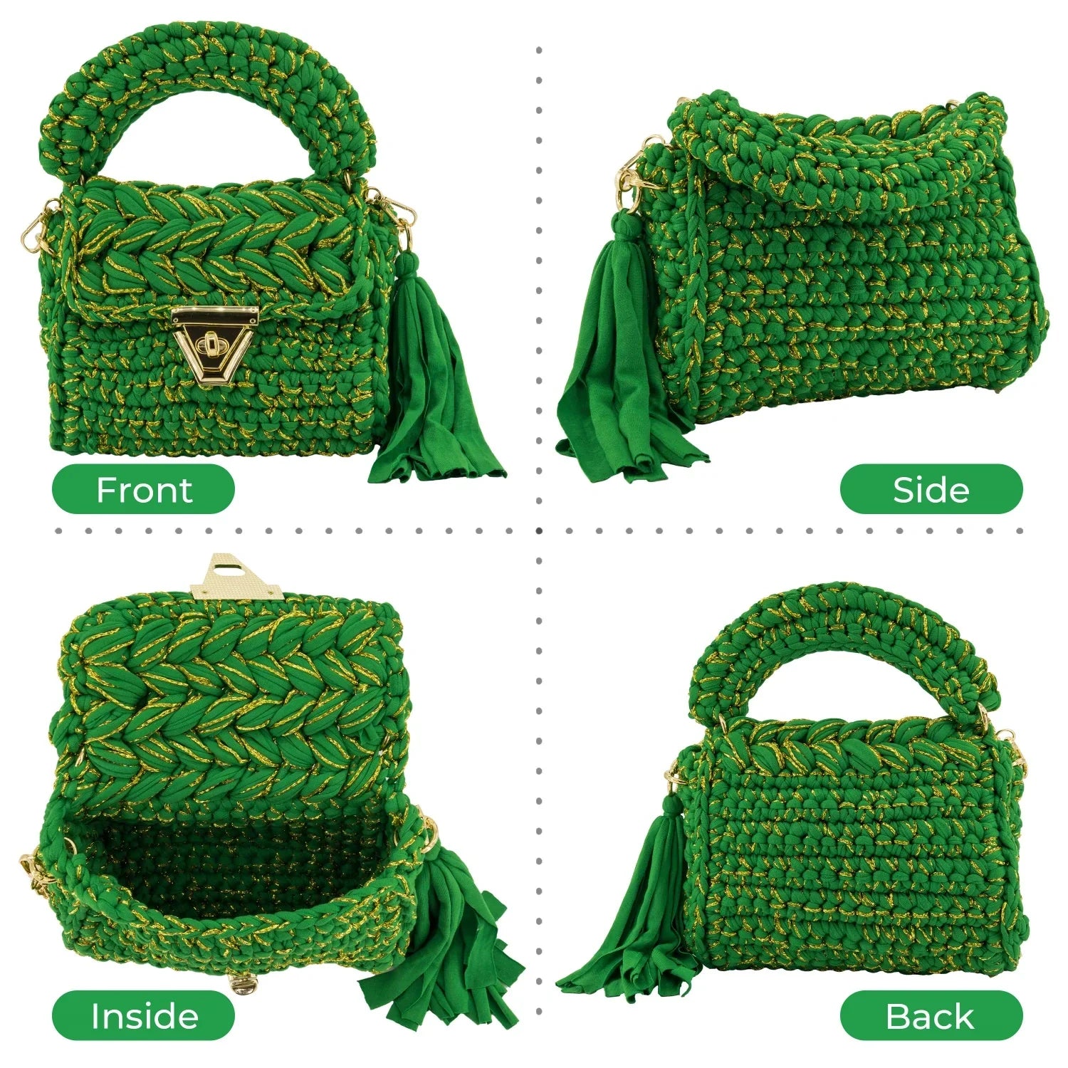 Crochet Handbag with Golden Thread-Green